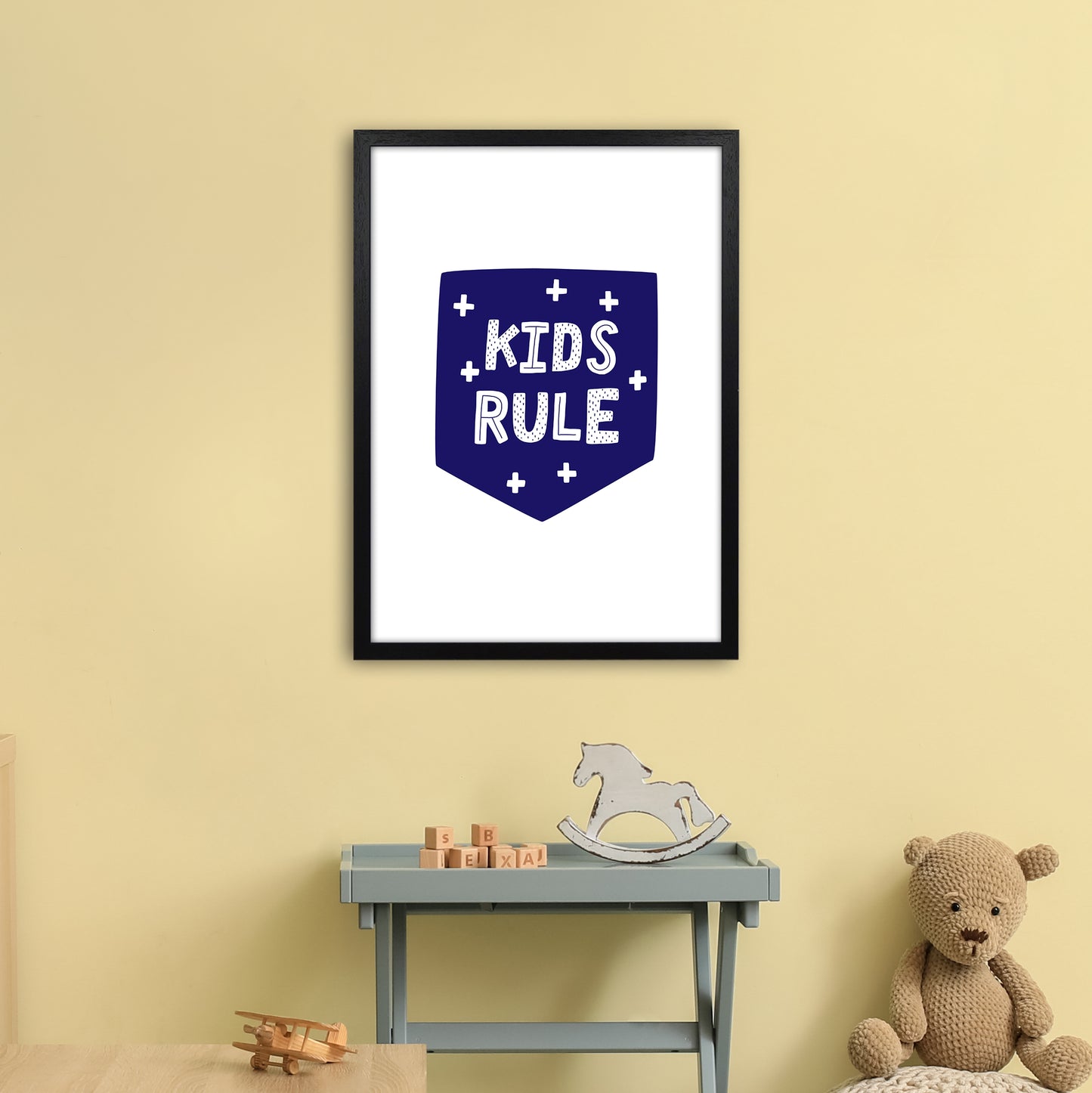 Kids Rule Navy Super Scandi Art Print by Pixy Paper A2 White Frame