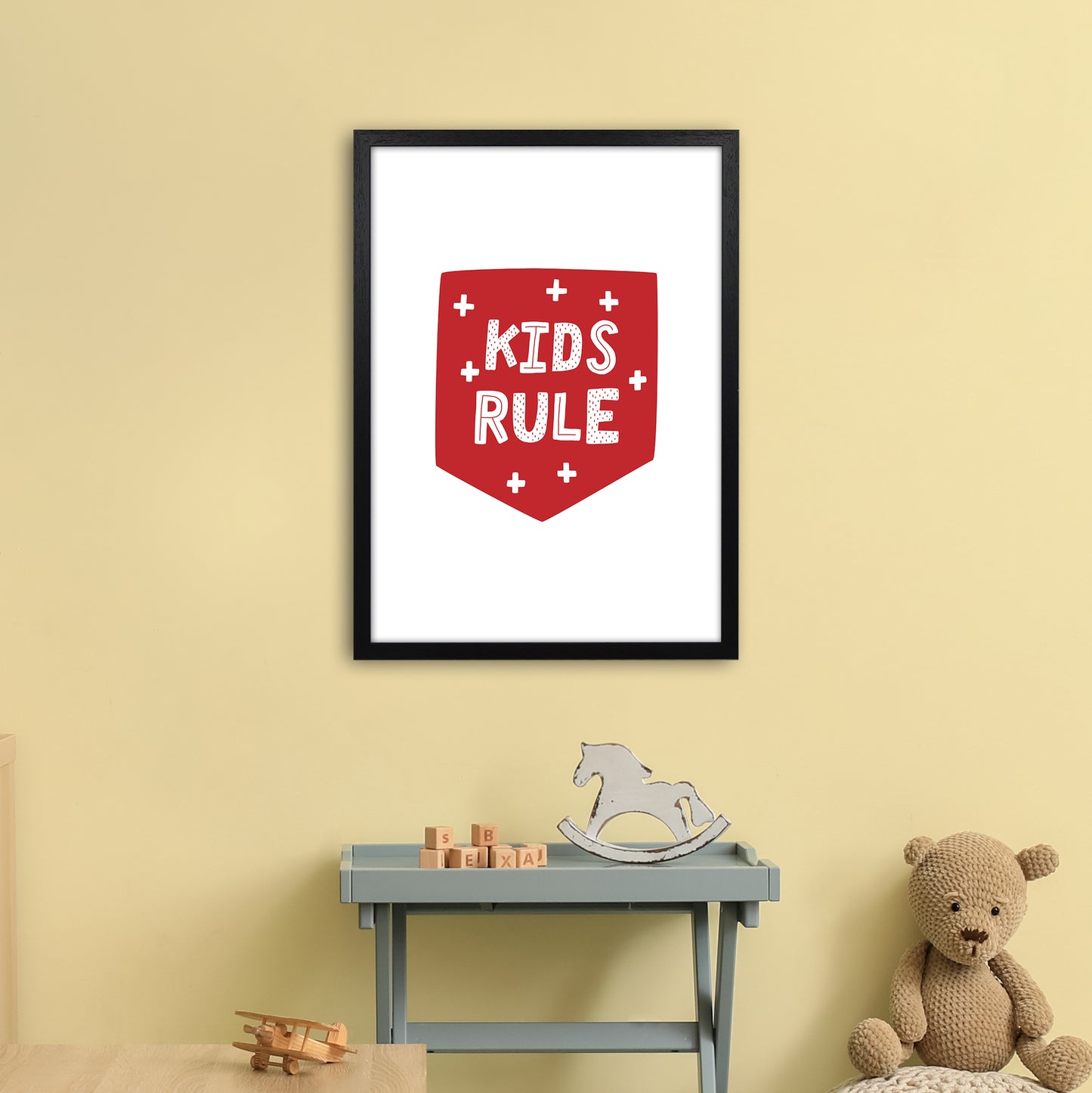 Kids Rule Red Super Scandi Art Print by Pixy Paper A2 White Frame