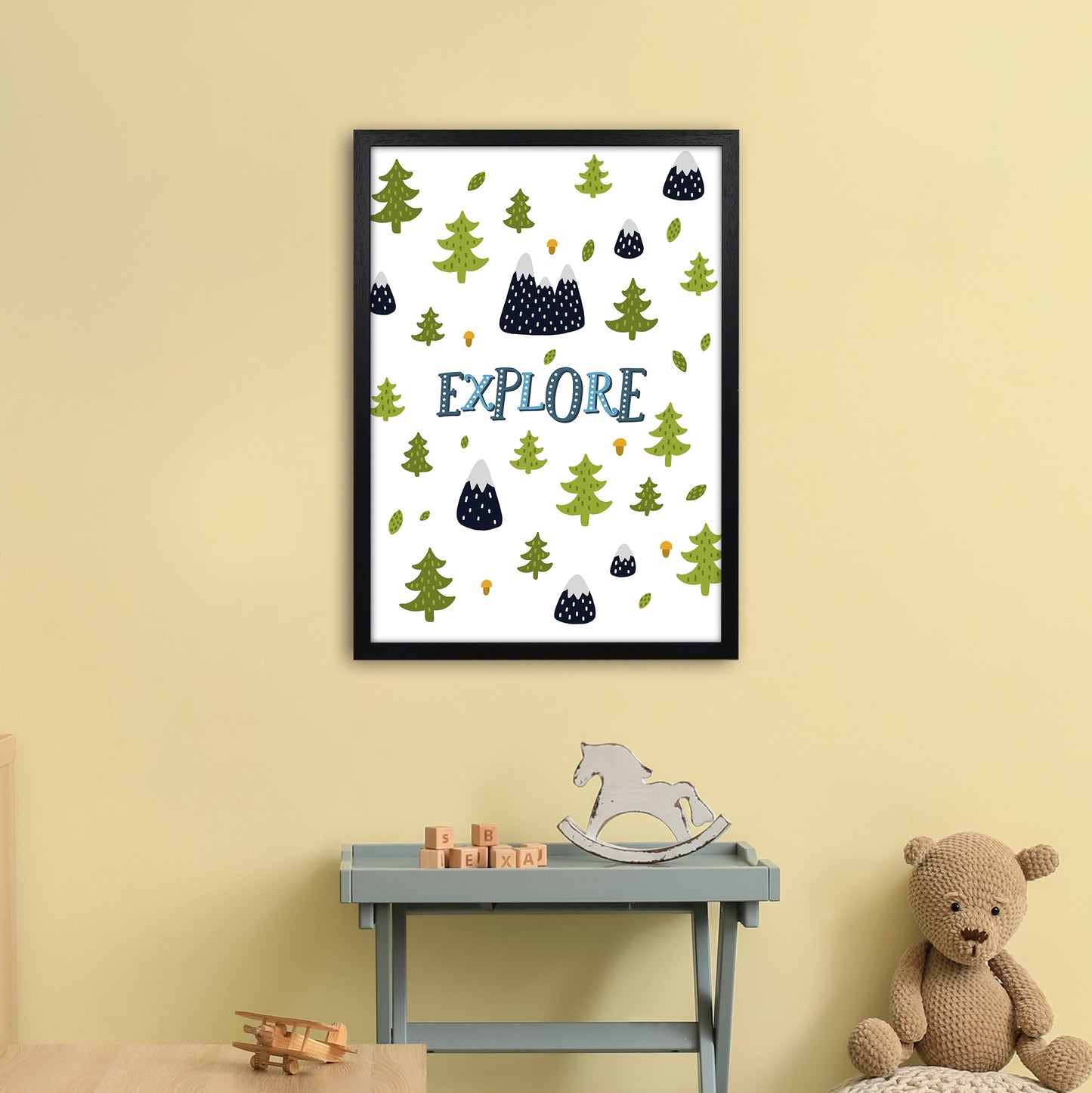 Little Explorer Trees Blue Art Print by Pixy Paper A2 White Frame