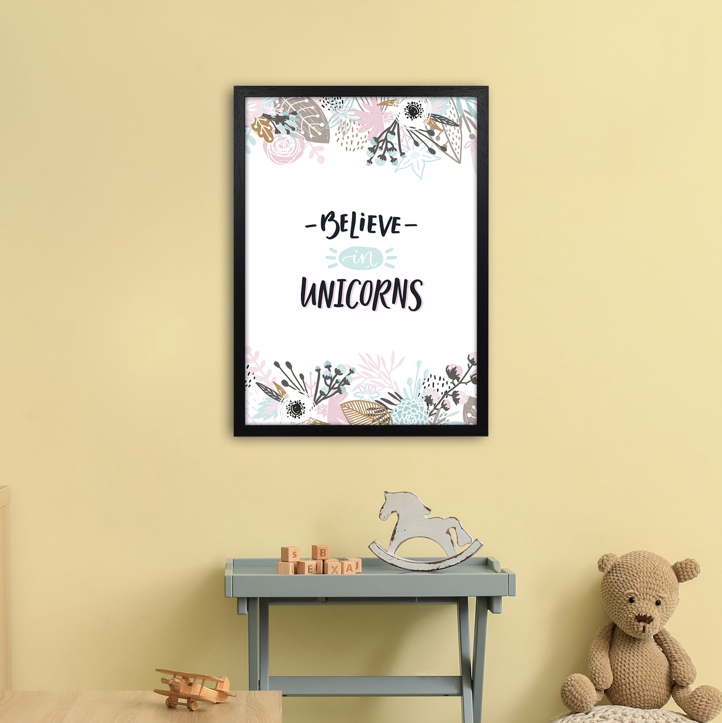Believe In Unicorns Floral Art Print by Pixy Paper A2 White Frame