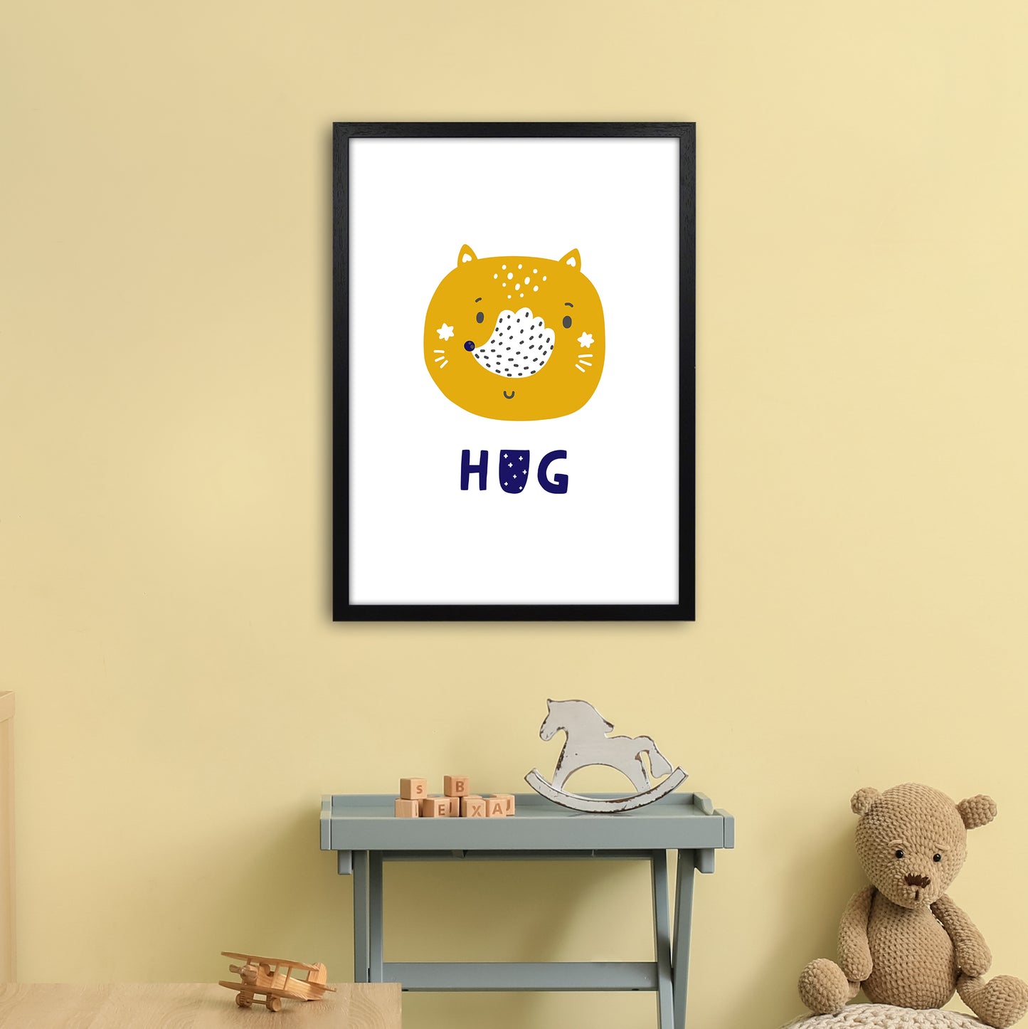 Fox Hug Navy Super Scandi Art Print by Pixy Paper A2 White Frame