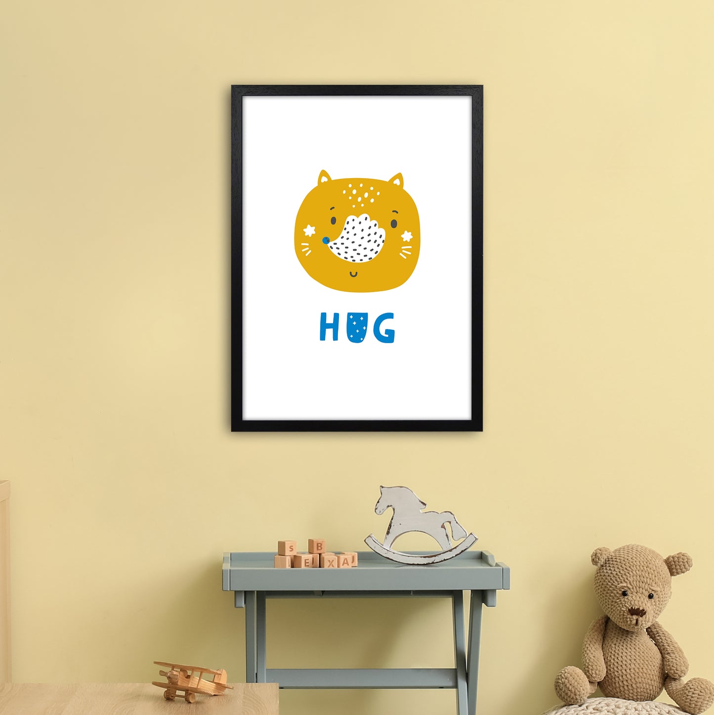 Fox Hug Blue Super Scandi Art Print by Pixy Paper A2 White Frame