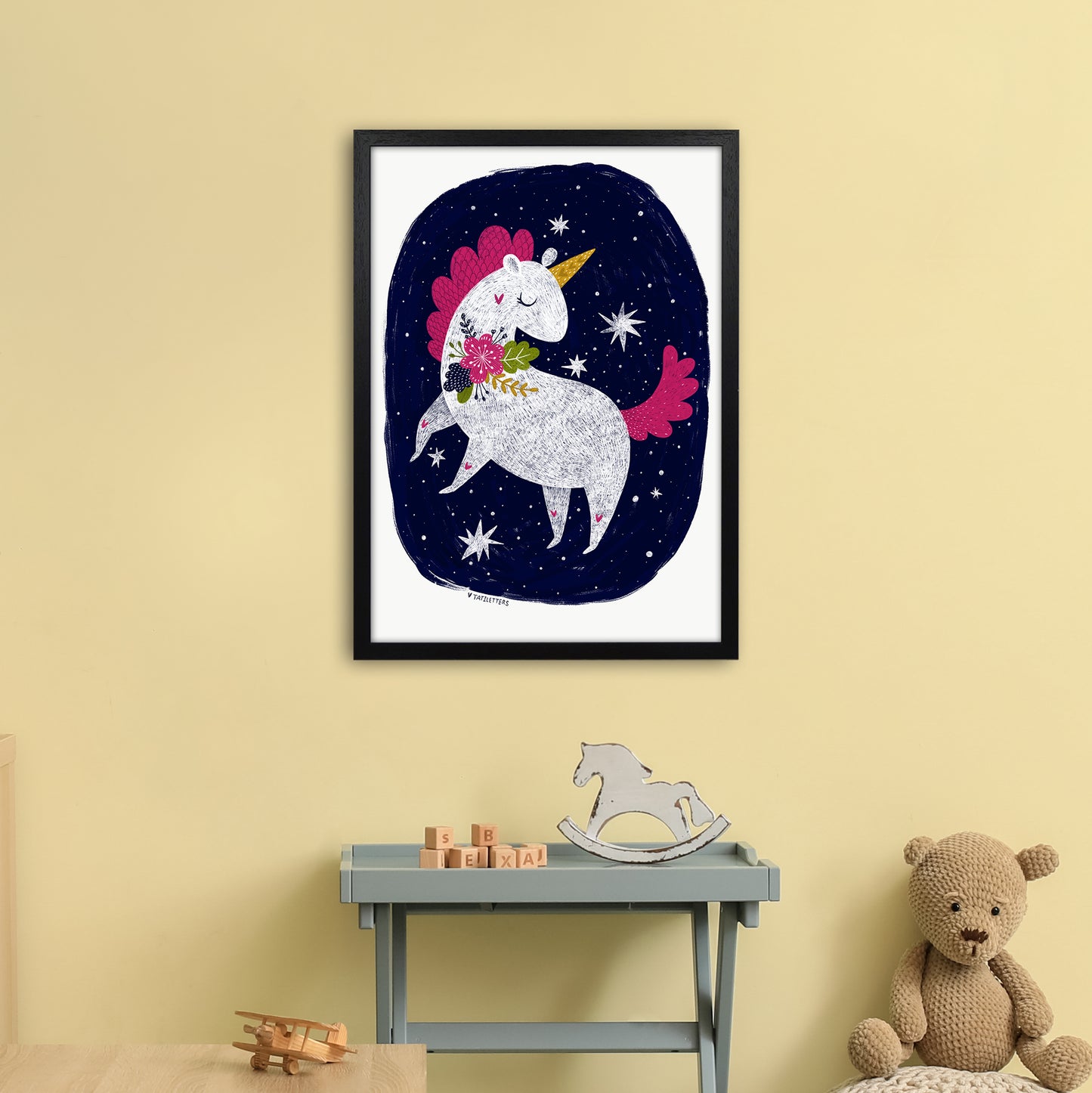 Magical Night Unicorn Art Print by Pixy Paper A2 White Frame