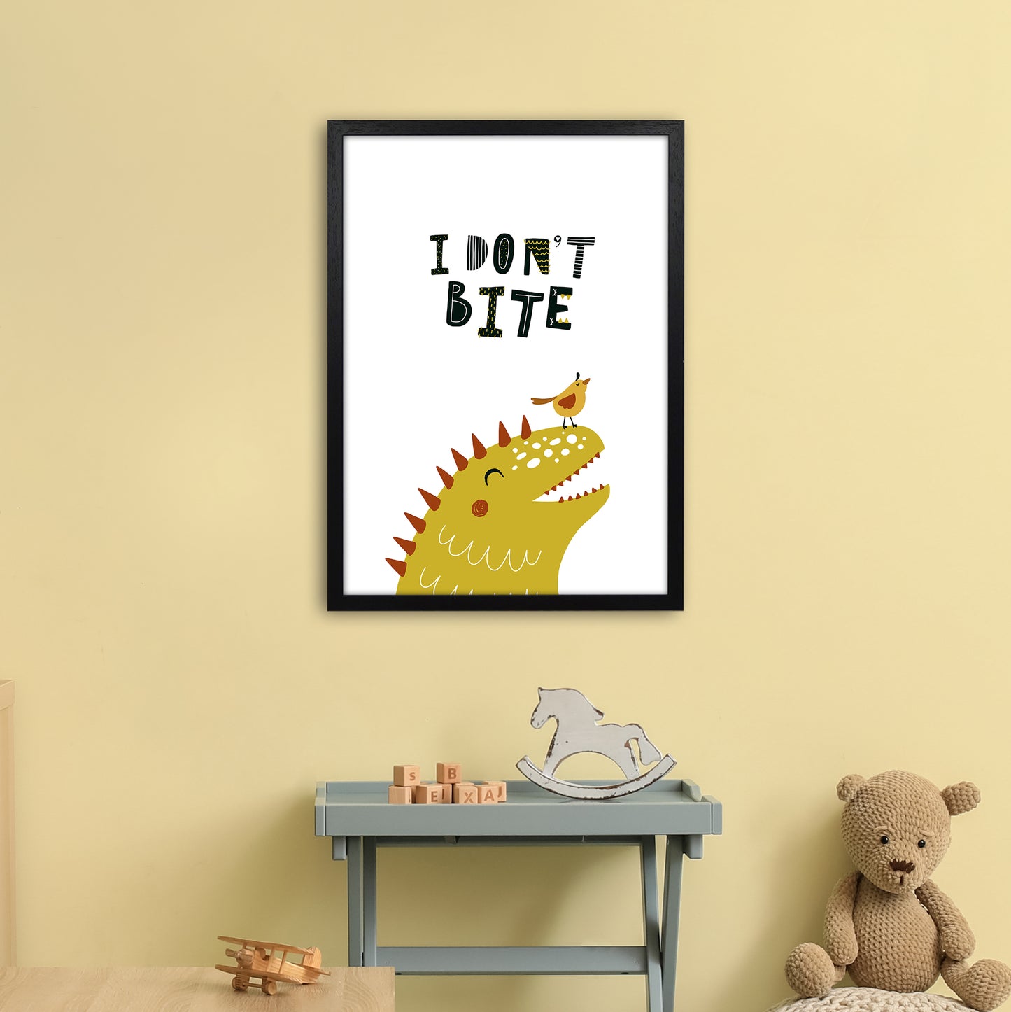 I Don'T Bite Dino Art Print by Pixy Paper A2 White Frame