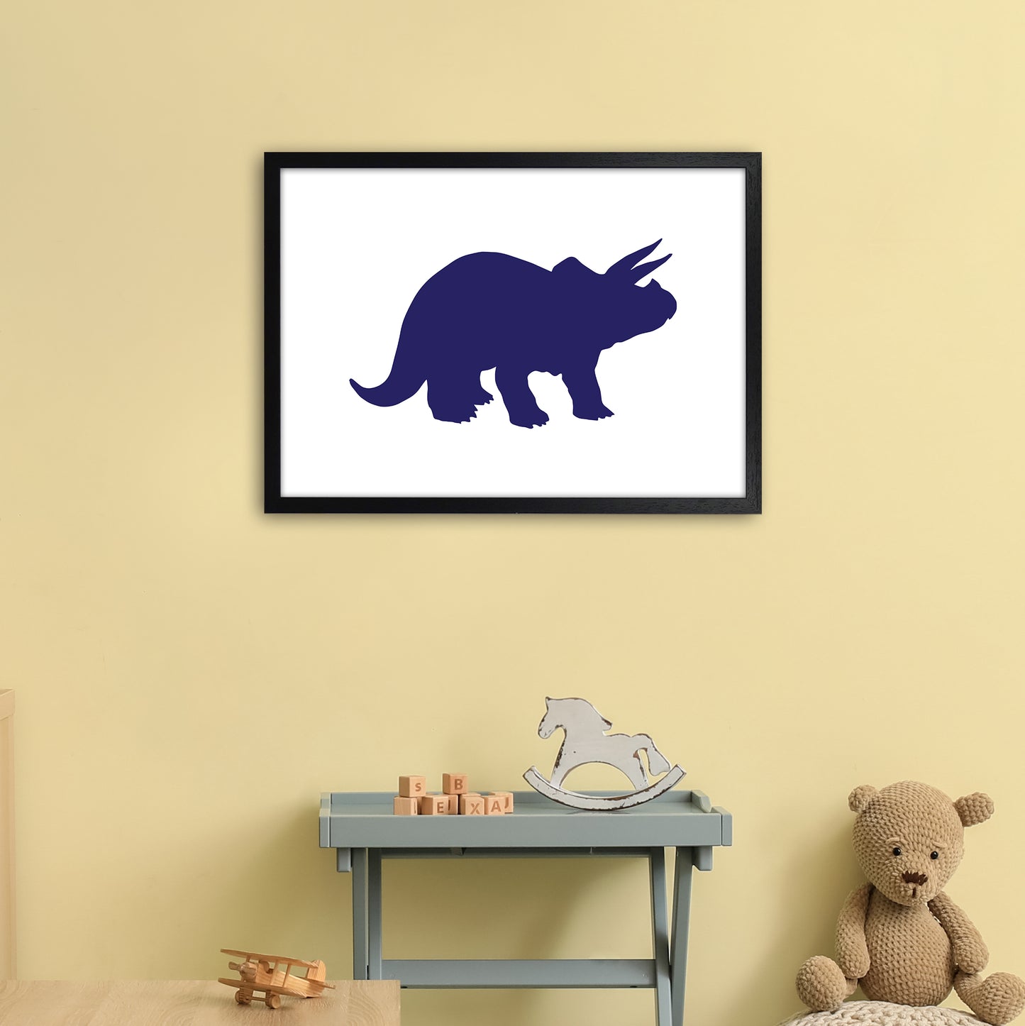 Triceratops Navy Art Print by Pixy Paper A2 White Frame