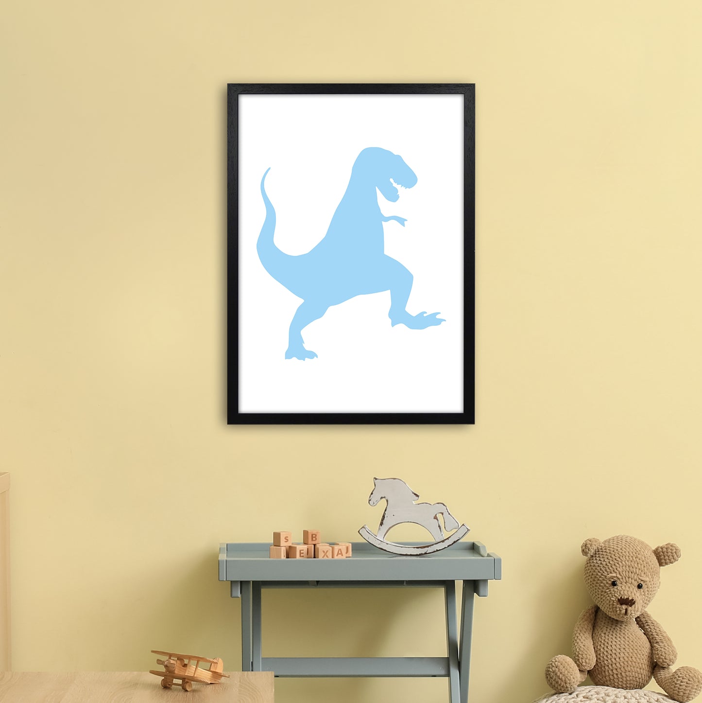 T-Rex Light Blue Art Print by Pixy Paper A2 White Frame