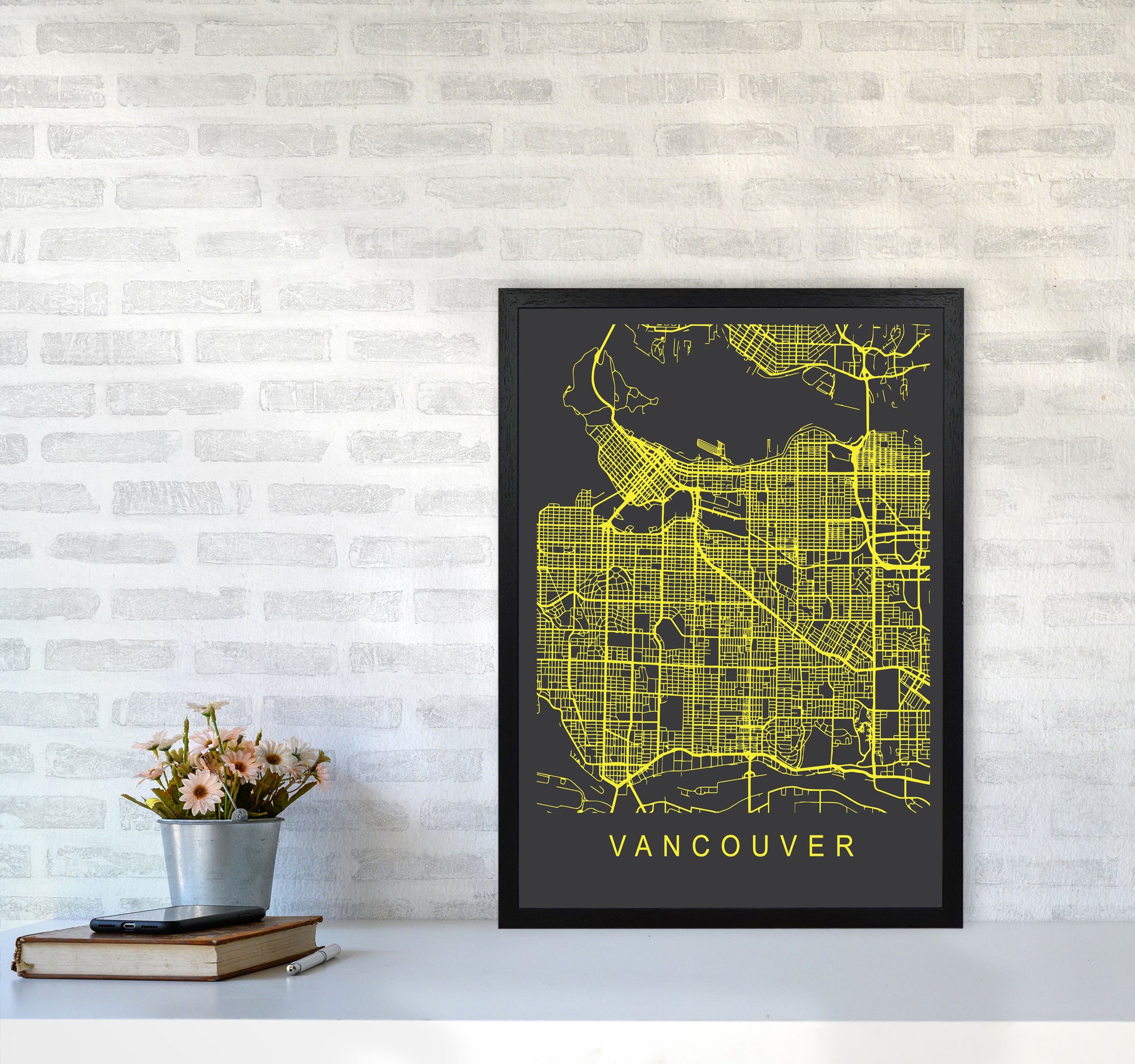 Vancouver Map Neon Art Print by Pixy Paper A2 White Frame