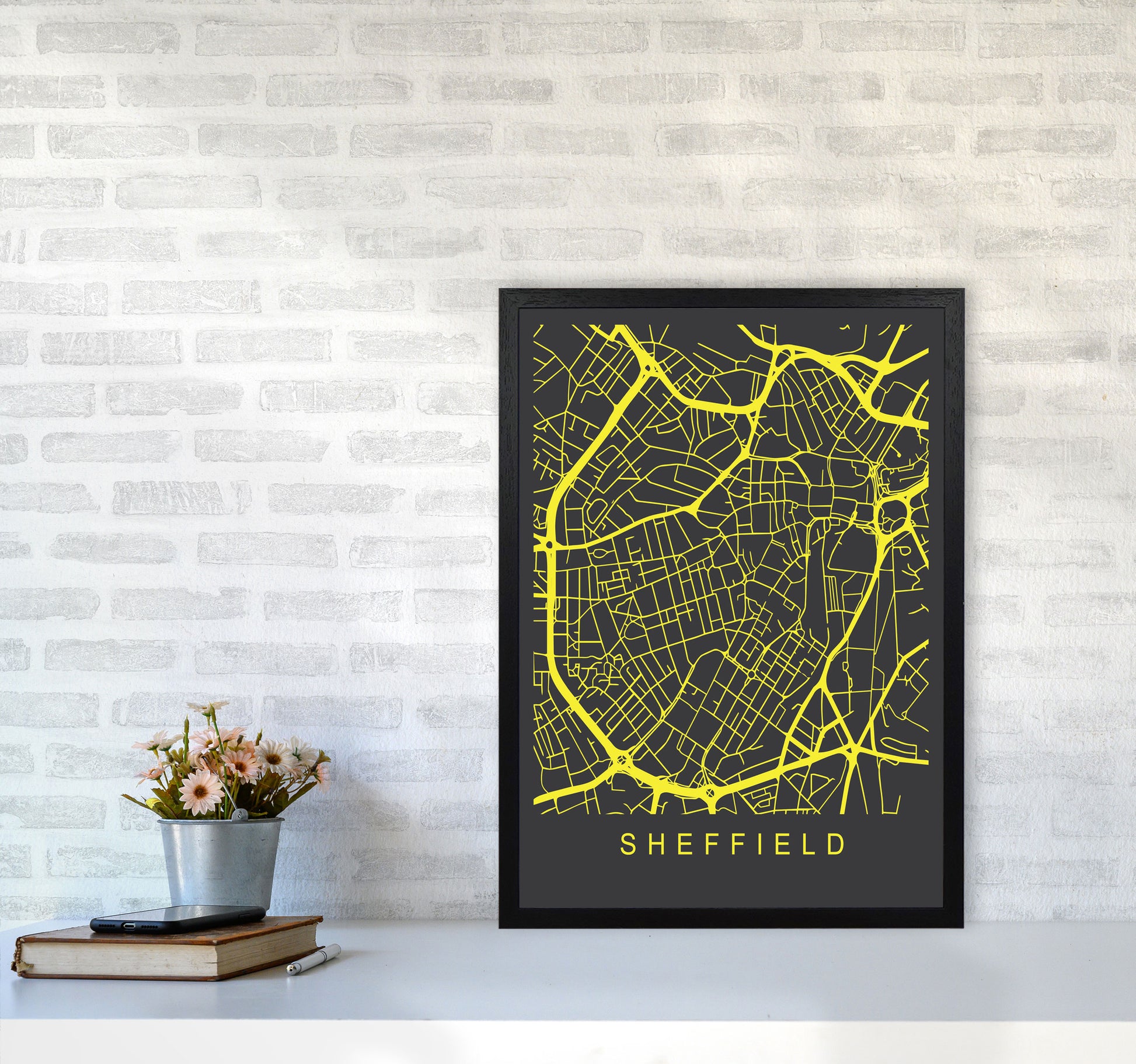 Sheffield Map Neon Art Print by Pixy Paper A2 White Frame