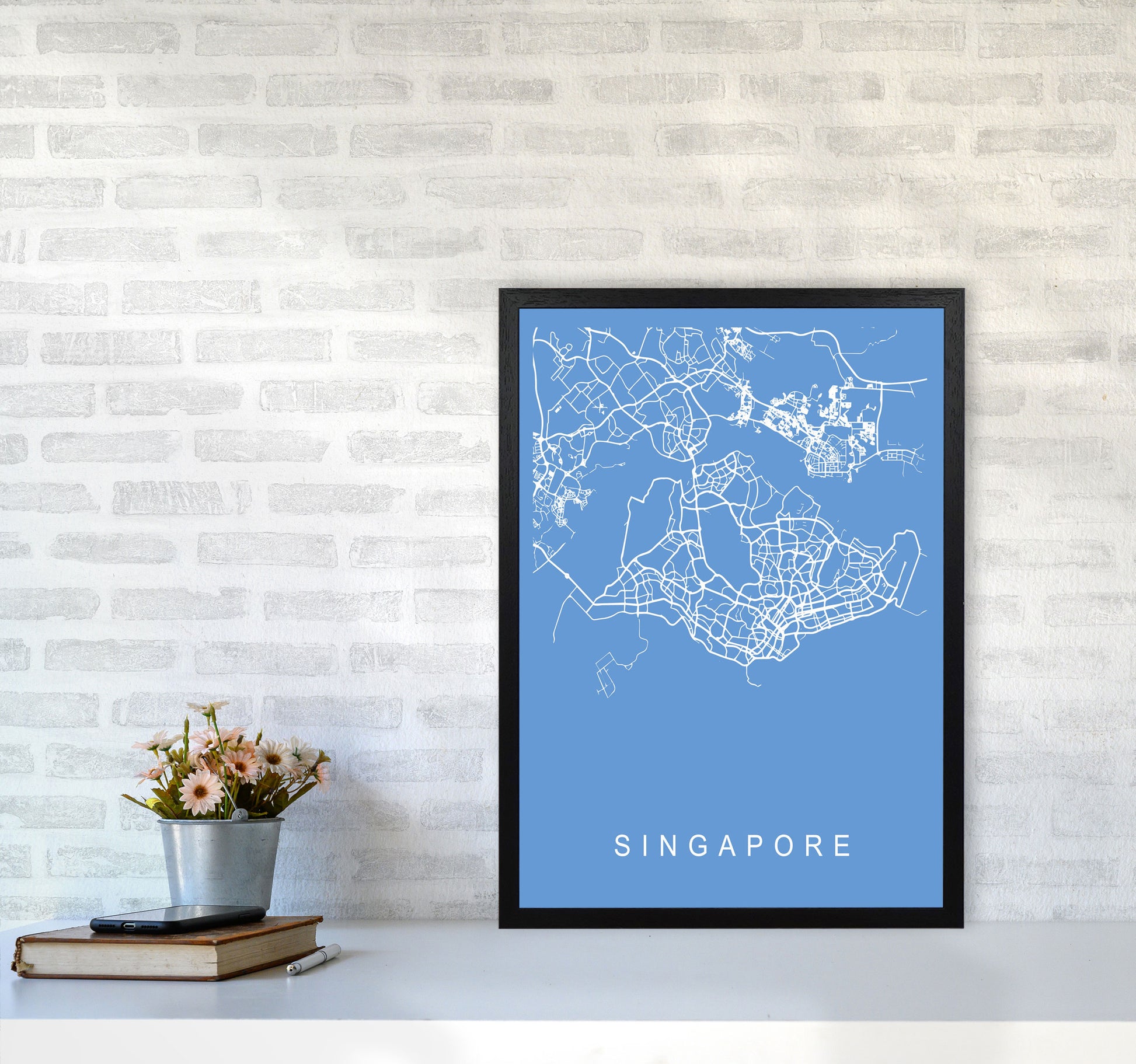Singapore Map Blueprint Art Print by Pixy Paper A2 White Frame