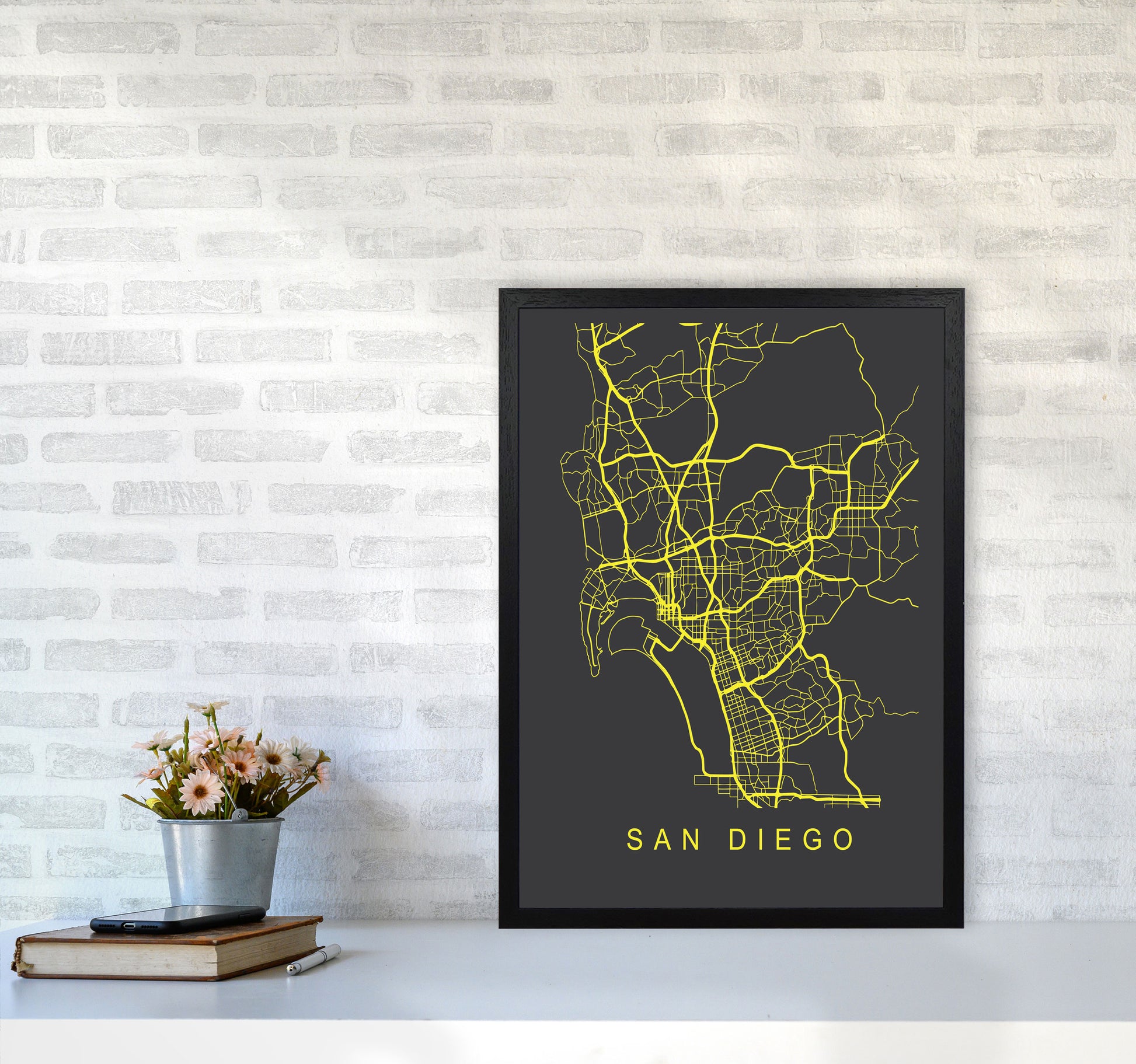 San Diego Map Neon Art Print by Pixy Paper A2 White Frame