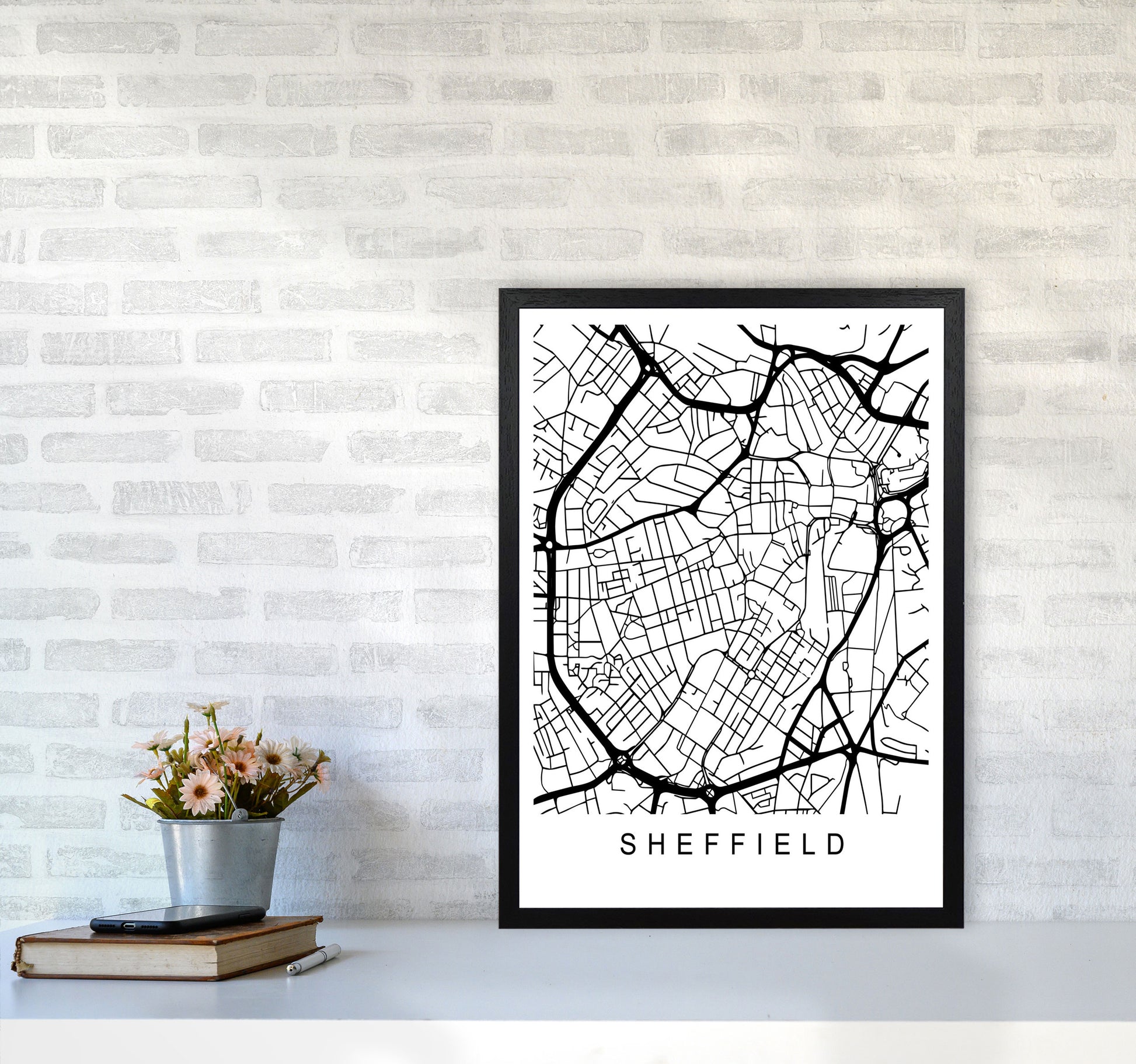 Sheffield Map Art Print by Pixy Paper A2 White Frame