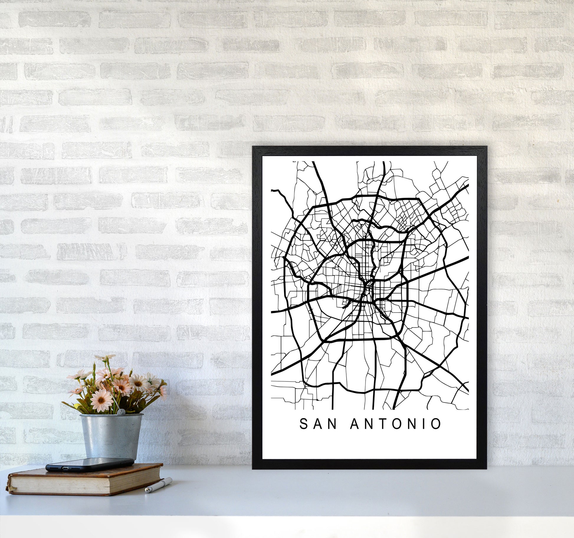 San Antonio Map Art Print by Pixy Paper A2 White Frame