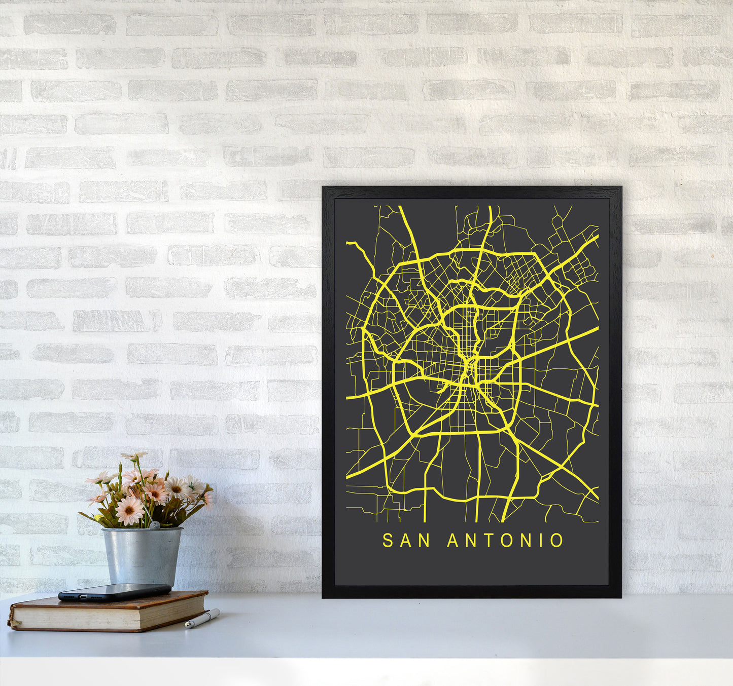 San Antonio Map Neon Art Print by Pixy Paper A2 White Frame