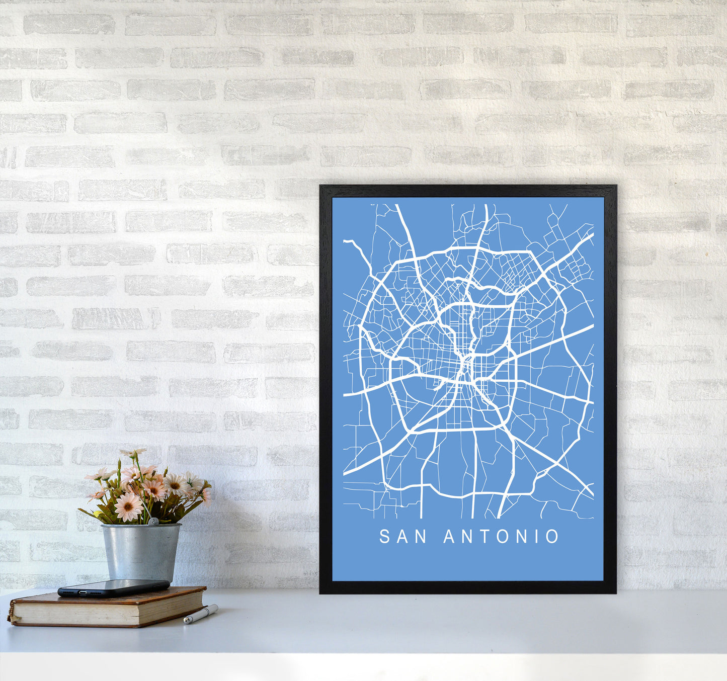 San Antonio Map Blueprint Art Print by Pixy Paper A2 White Frame