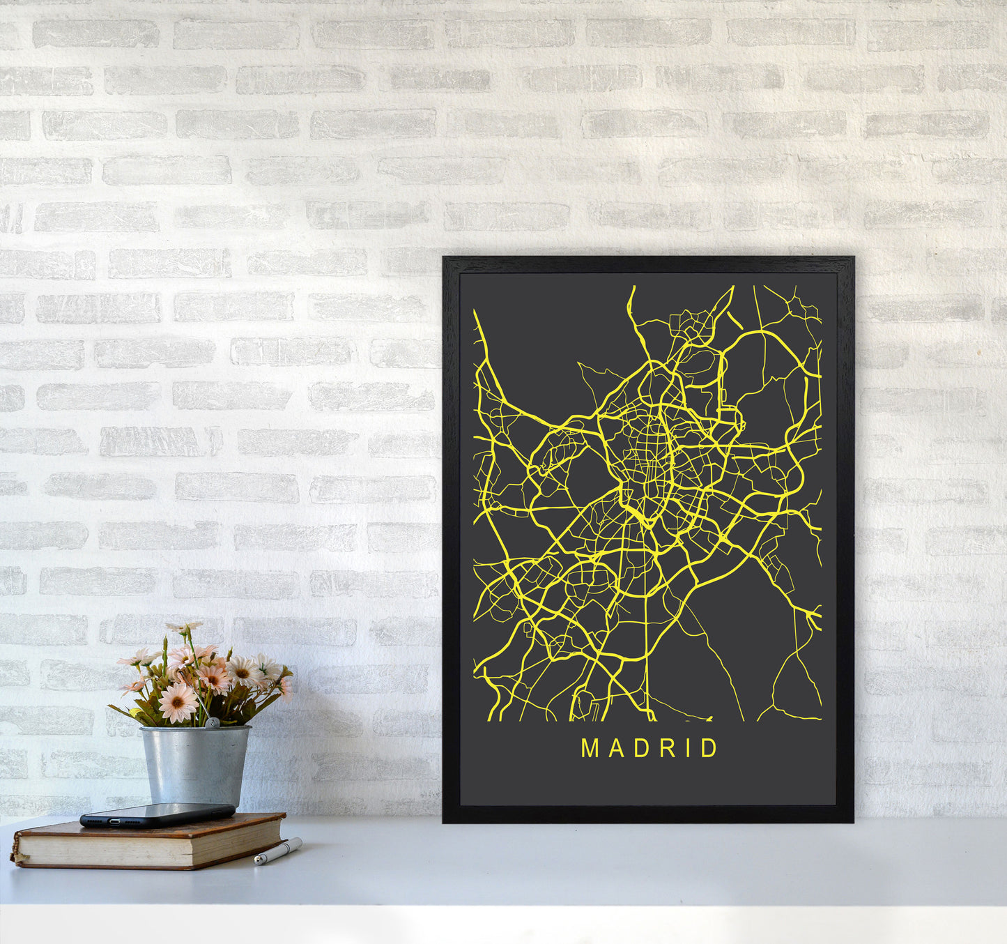 Madrid Map Neon Art Print by Pixy Paper A2 White Frame