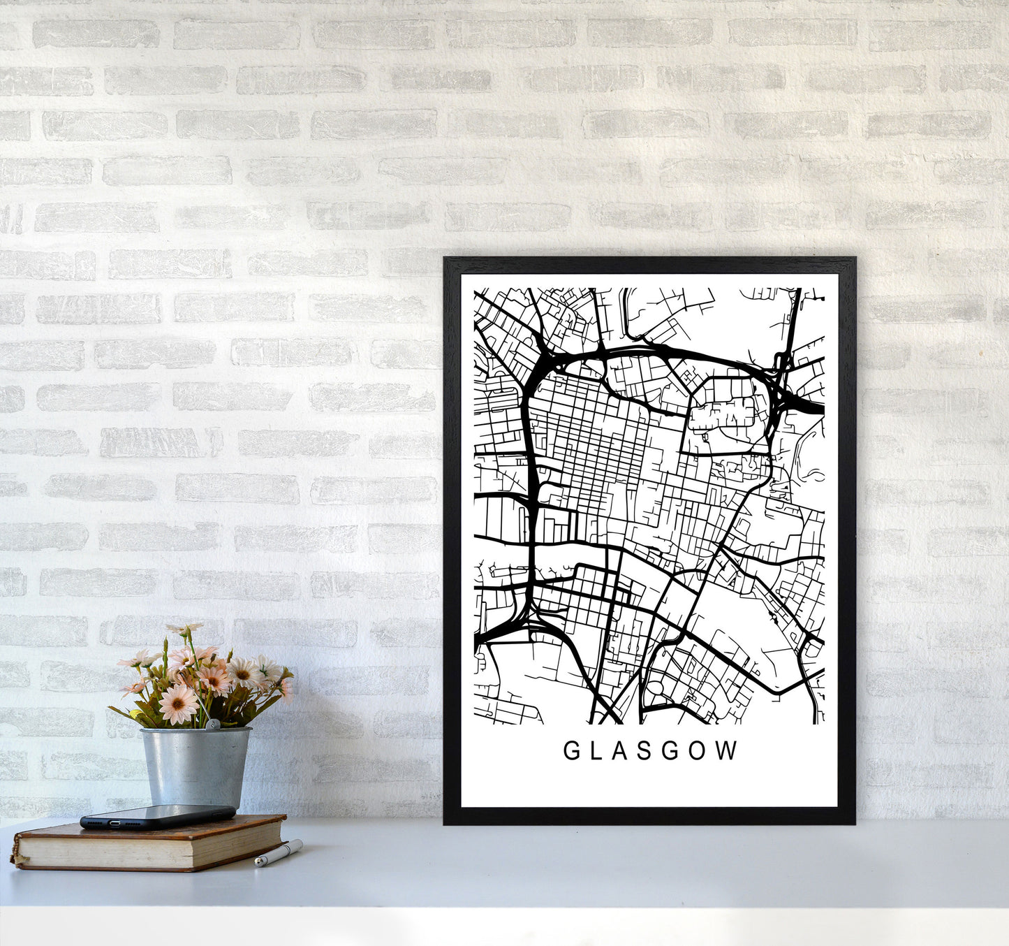 Glasgow Map Art Print by Pixy Paper A2 White Frame