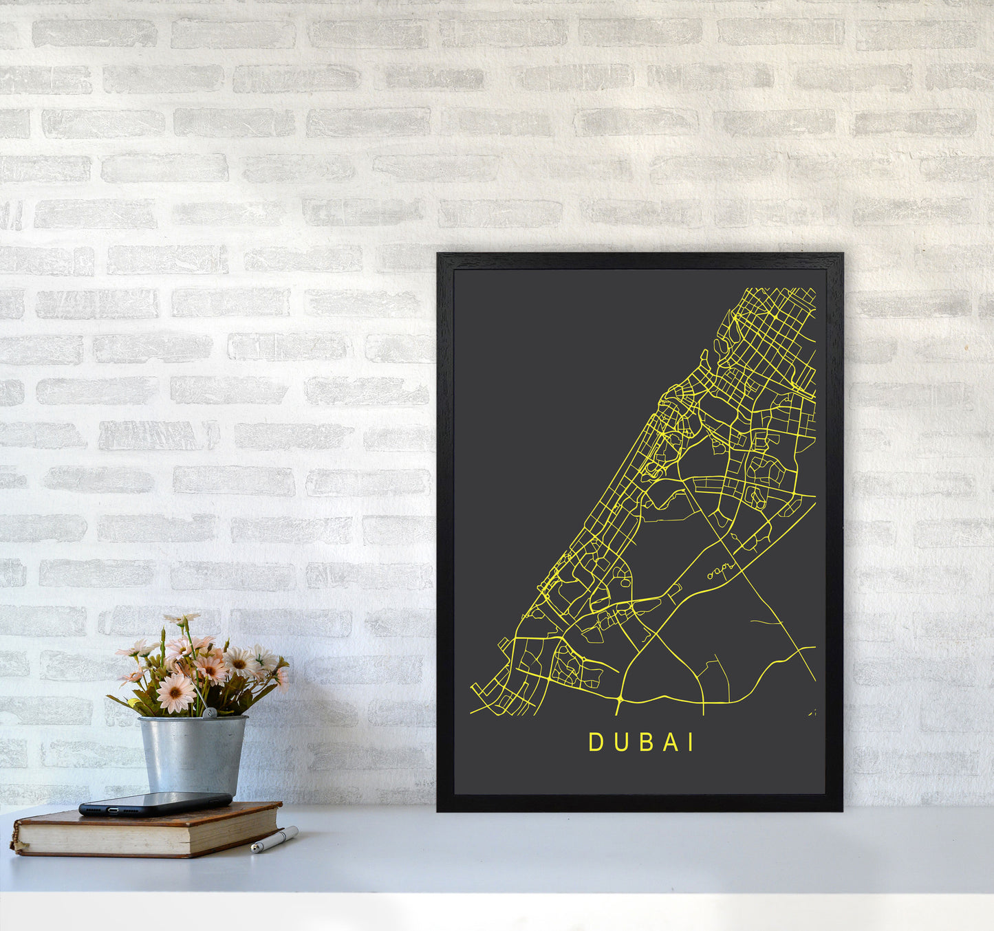 Dubai Map Neon Art Print by Pixy Paper A2 White Frame