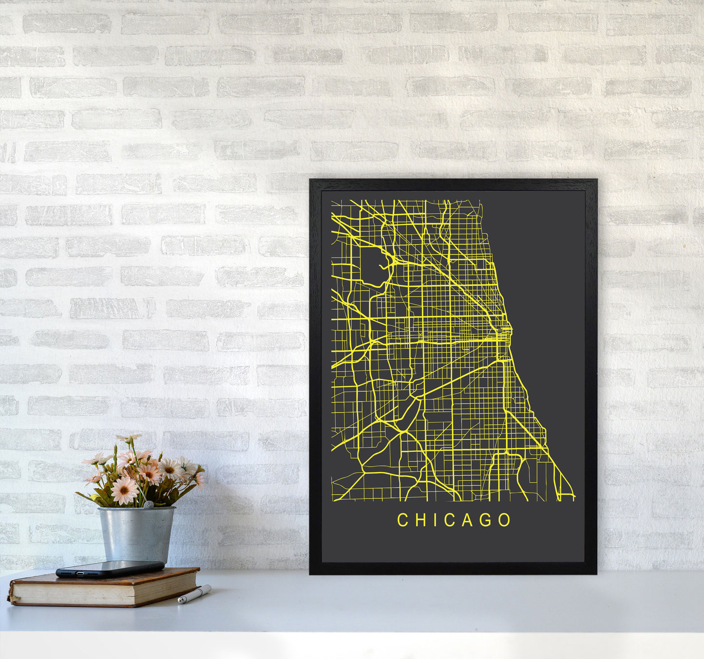 Chicago Map Neon Art Print by Pixy Paper A2 White Frame