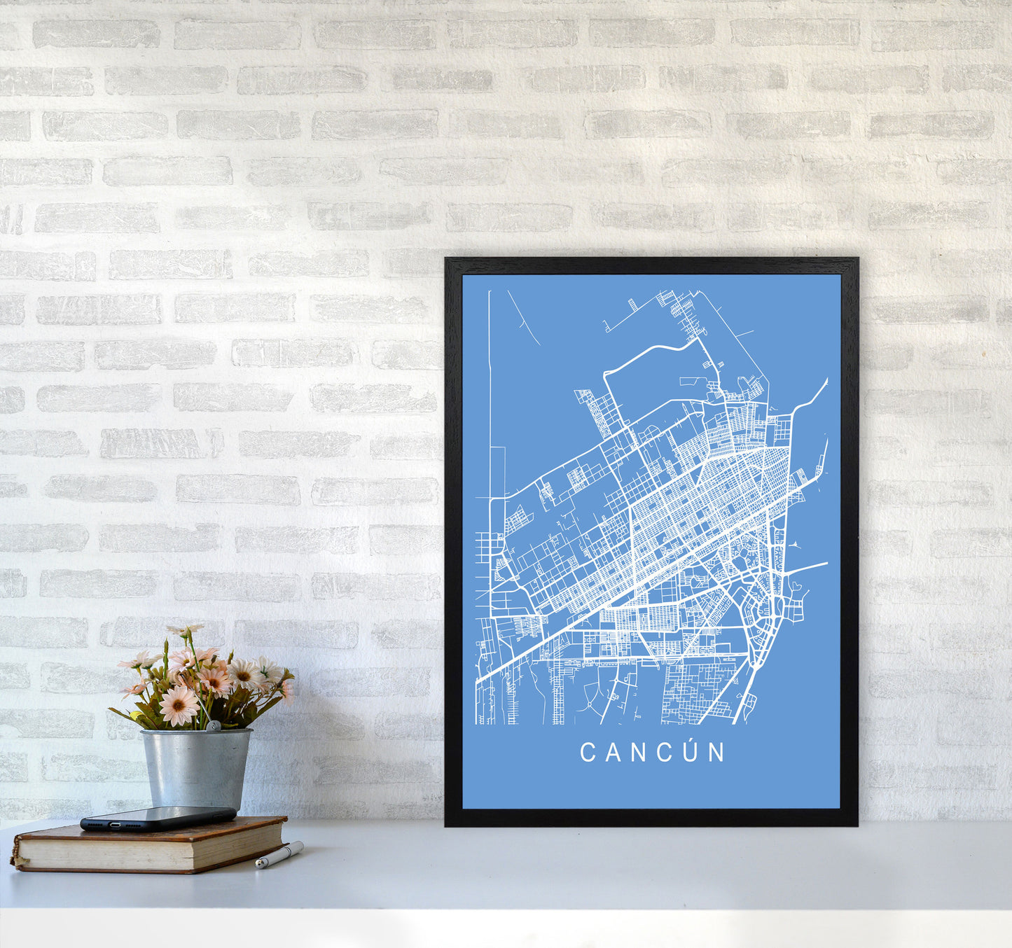 Cancun Map Blueprint Art Print by Pixy Paper A2 White Frame