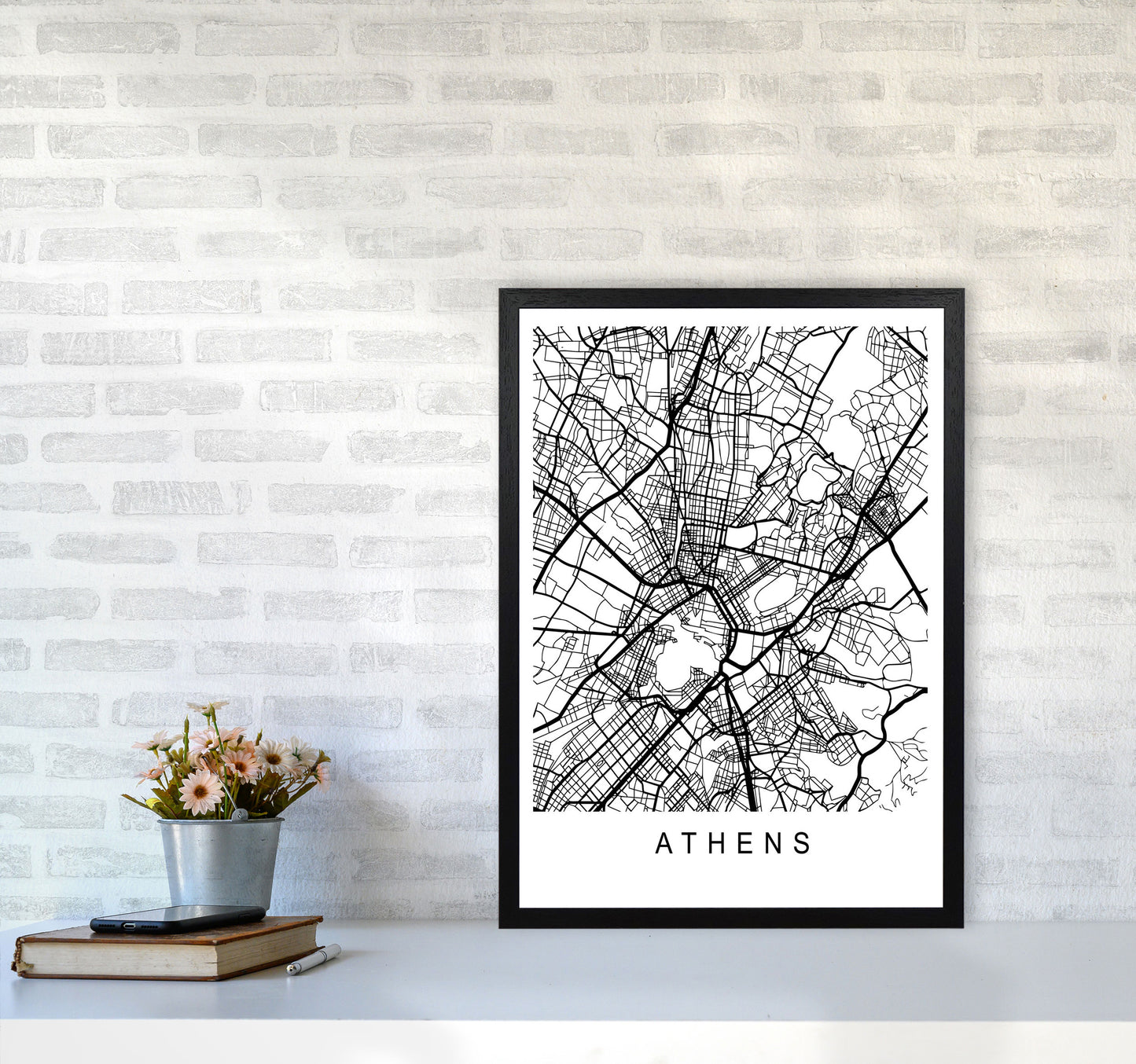 Athens Map Art Print by Pixy Paper A2 White Frame