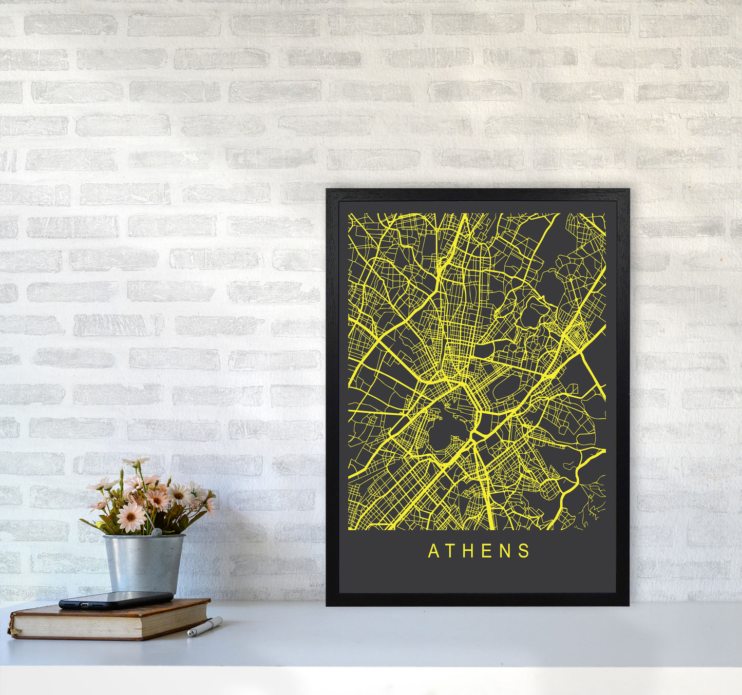 Athens Map Neon Art Print by Pixy Paper A2 White Frame