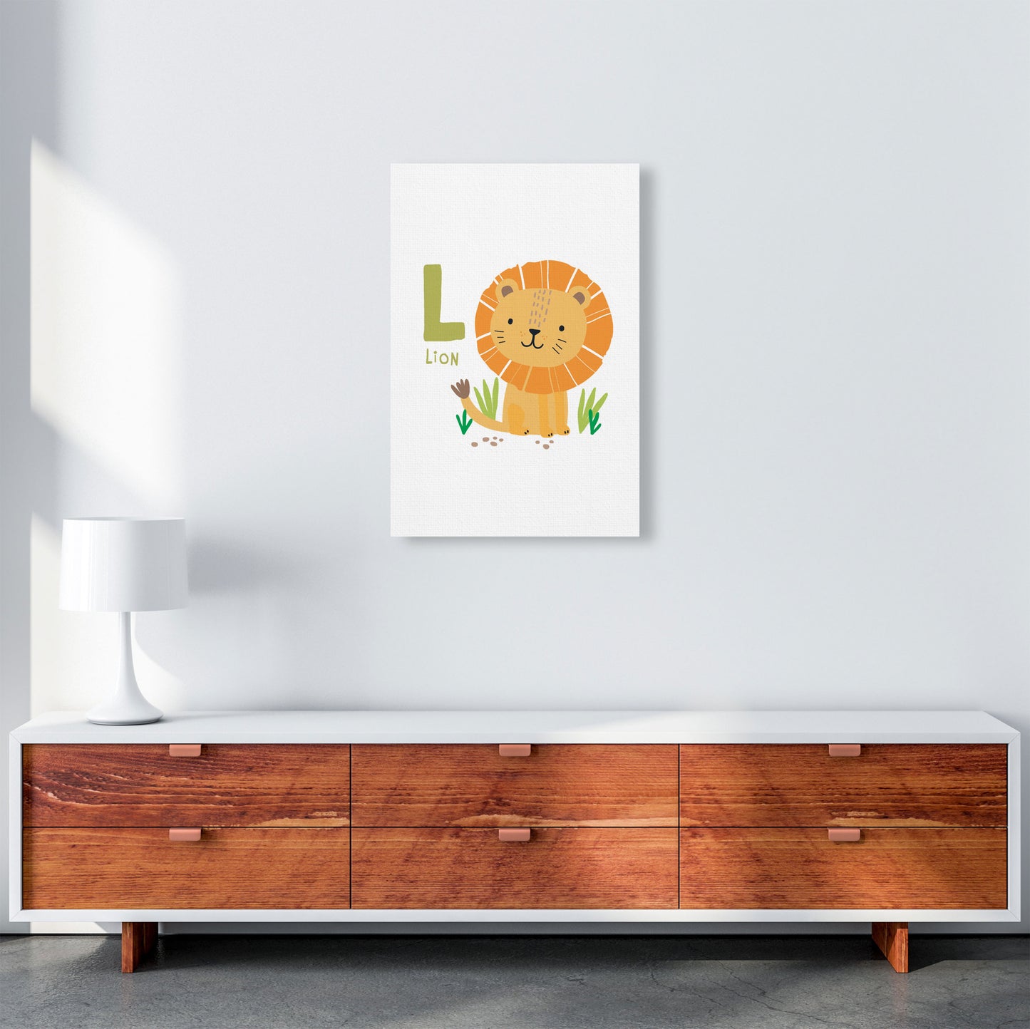 Alphabet Animals, L Is For Lion Framed Nursey Wall Art Print A2 Canvas