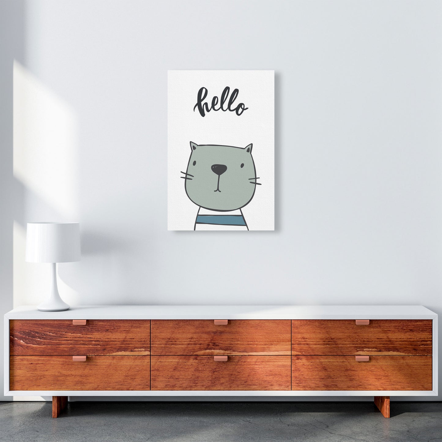Hello Cat Modern Print Animal Art Print A2 Canvas