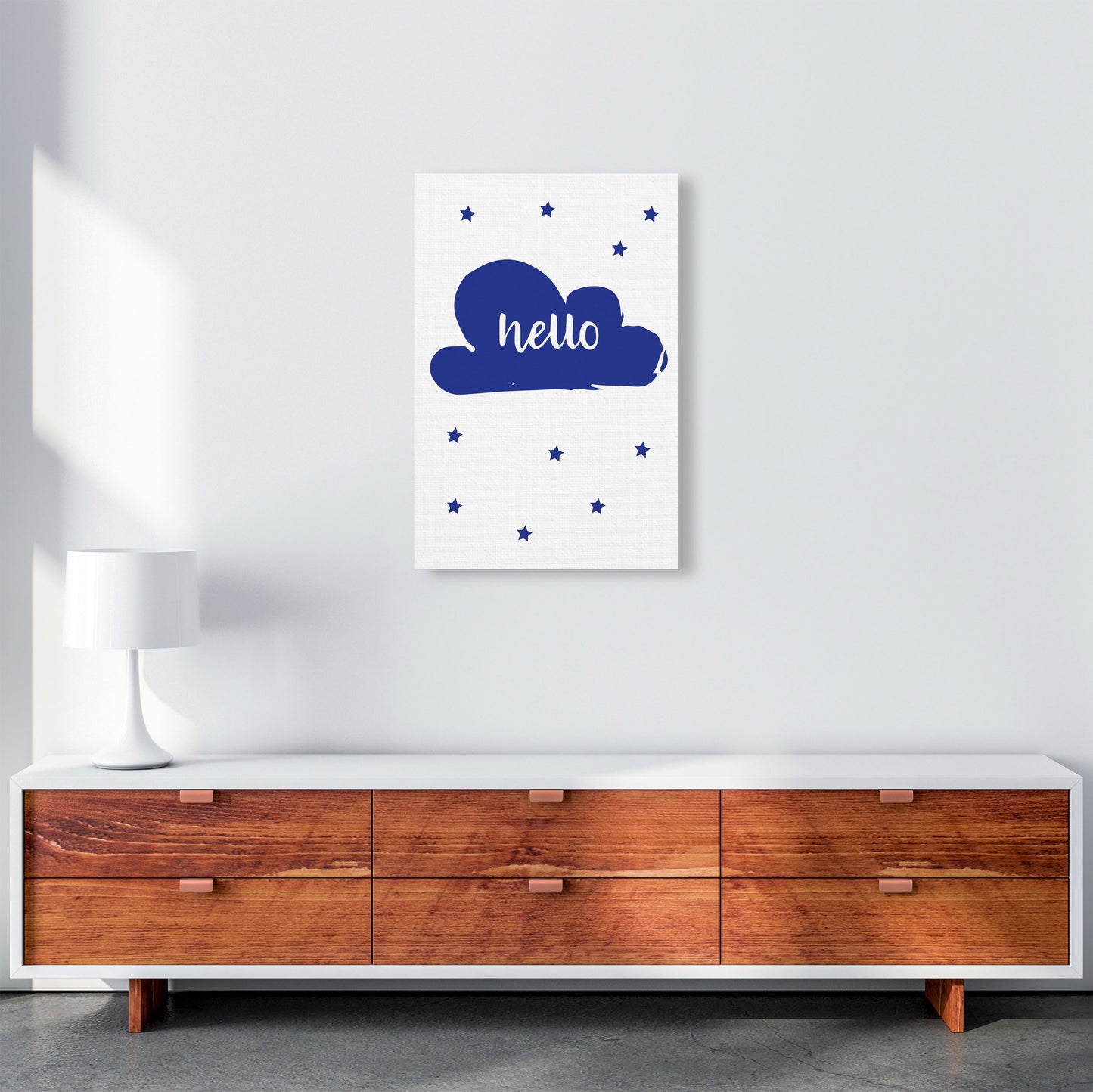 Hello Cloud Navy Framed Nursey Wall Art Print A2 Canvas