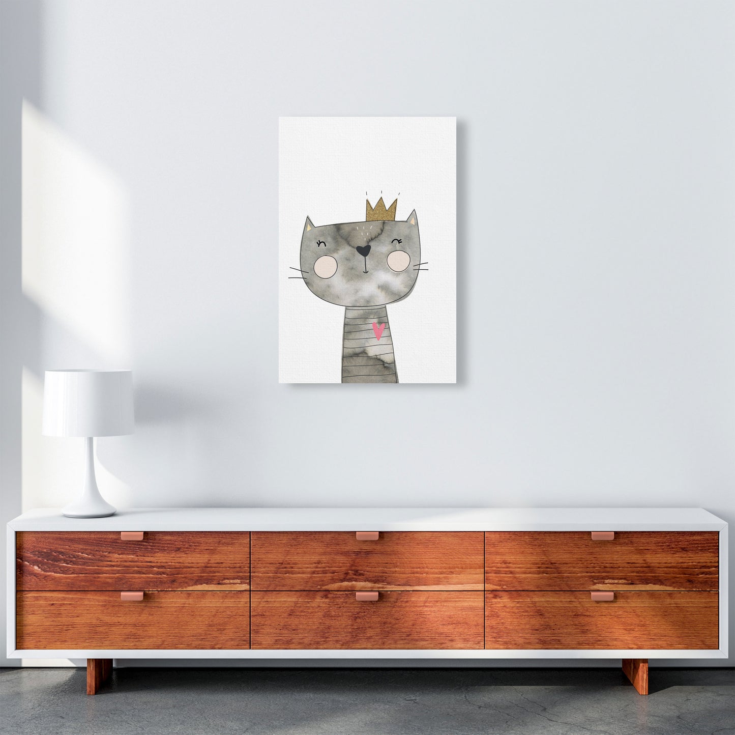 Scandi Grey Cat Watercolour Framed Nursey Wall Art Print A2 Canvas