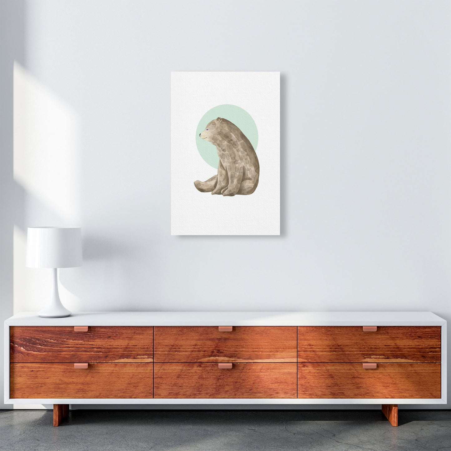 Watercolour Bear With Green Circle Modern Print Animal Art Print A2 Canvas