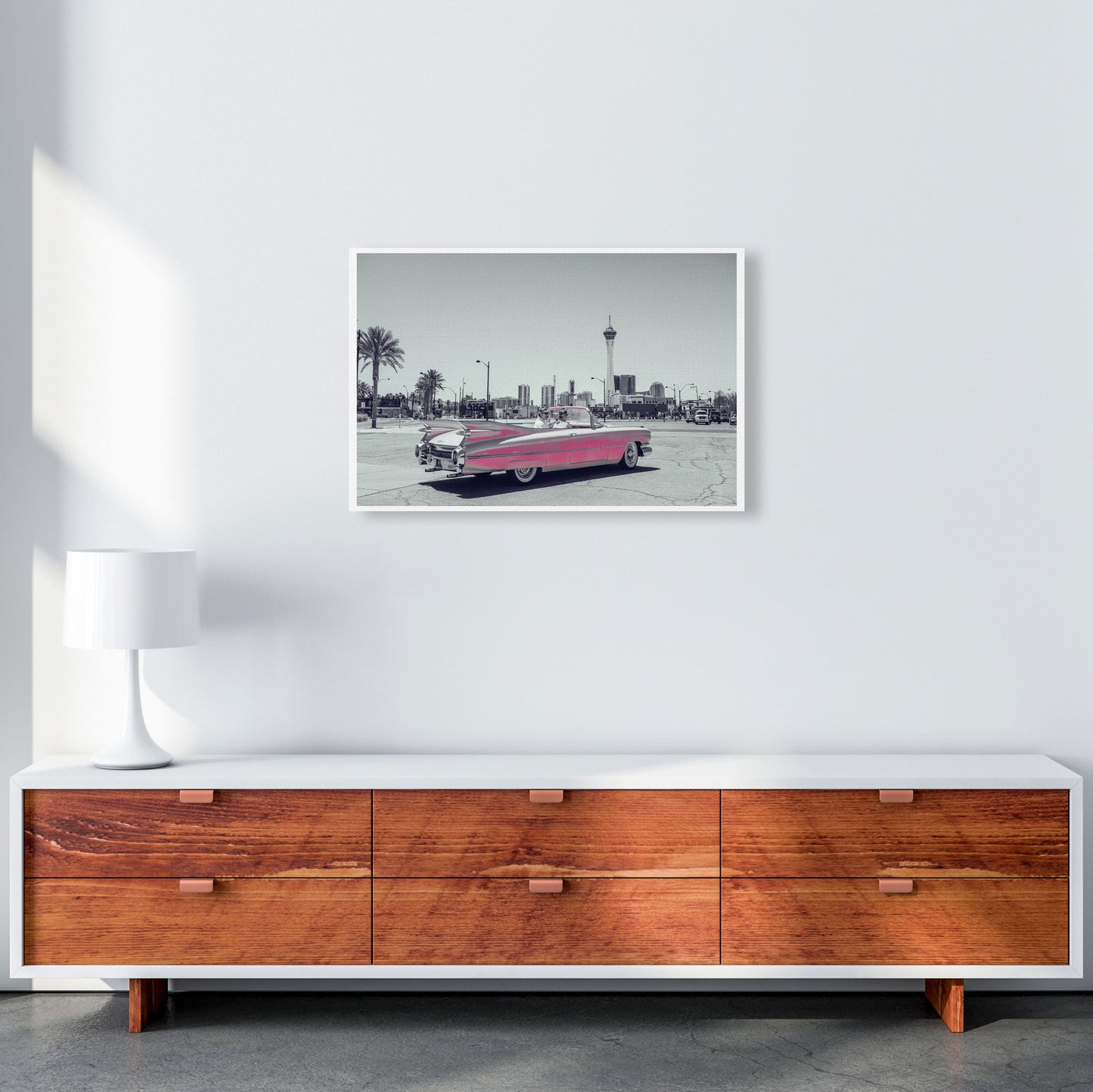 Retro Pink Car Modern Print A2 Canvas