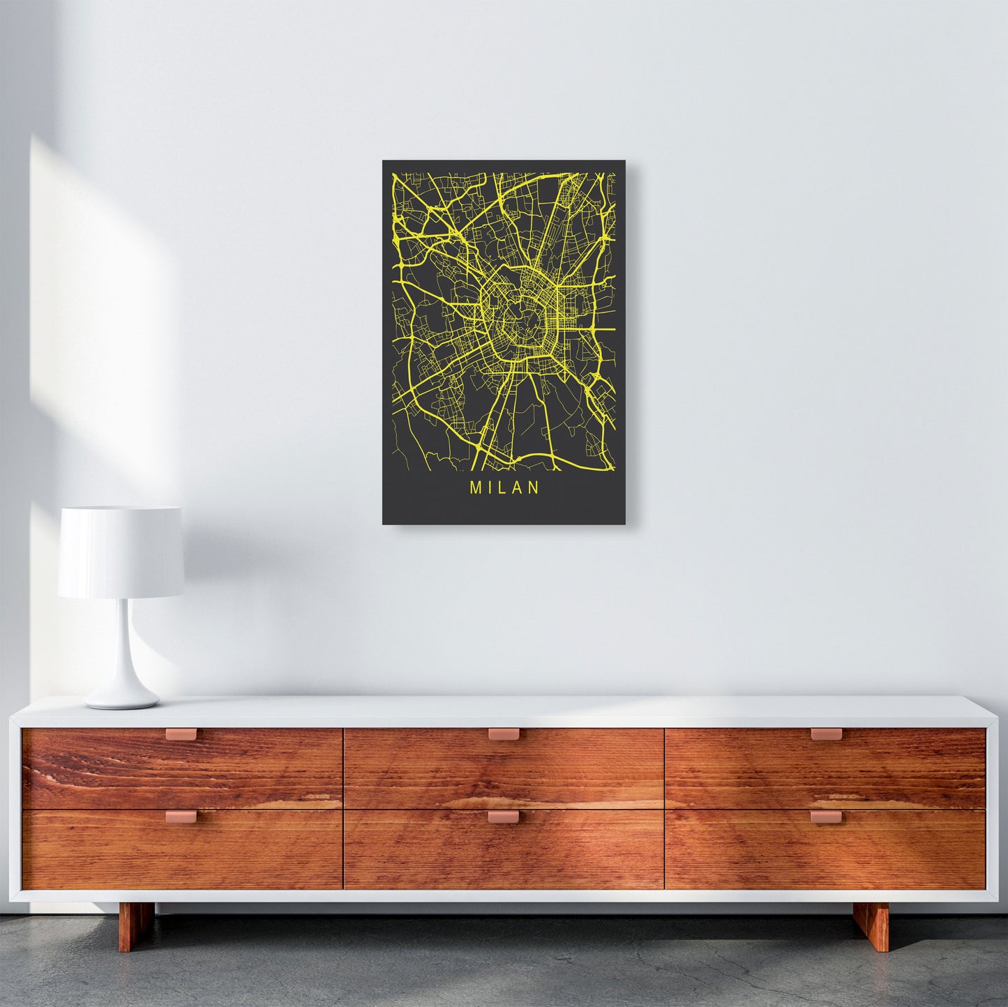 Milan Map Neon Art Print by Pixy Paper A2 Canvas
