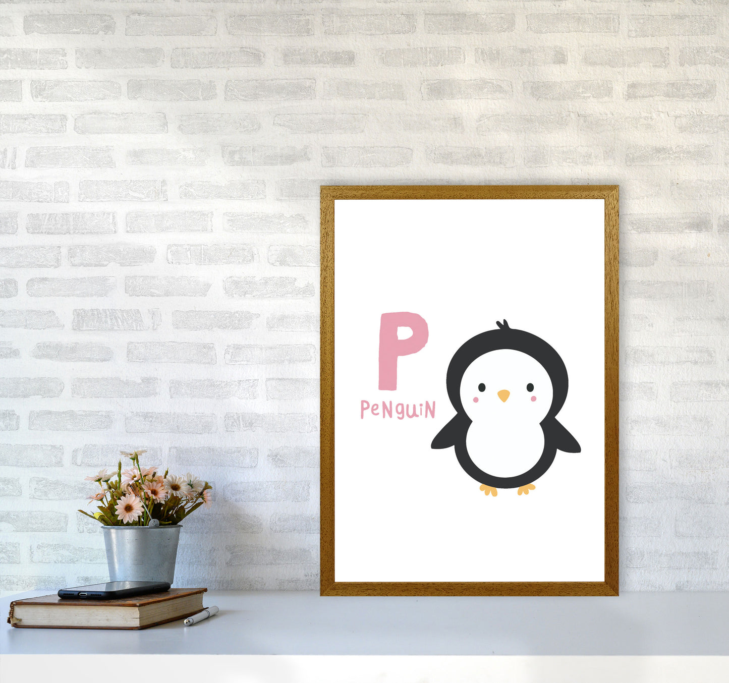 Alphabet Animals, P Is For Penguin Framed Nursey Wall Art Print A2 Print Only