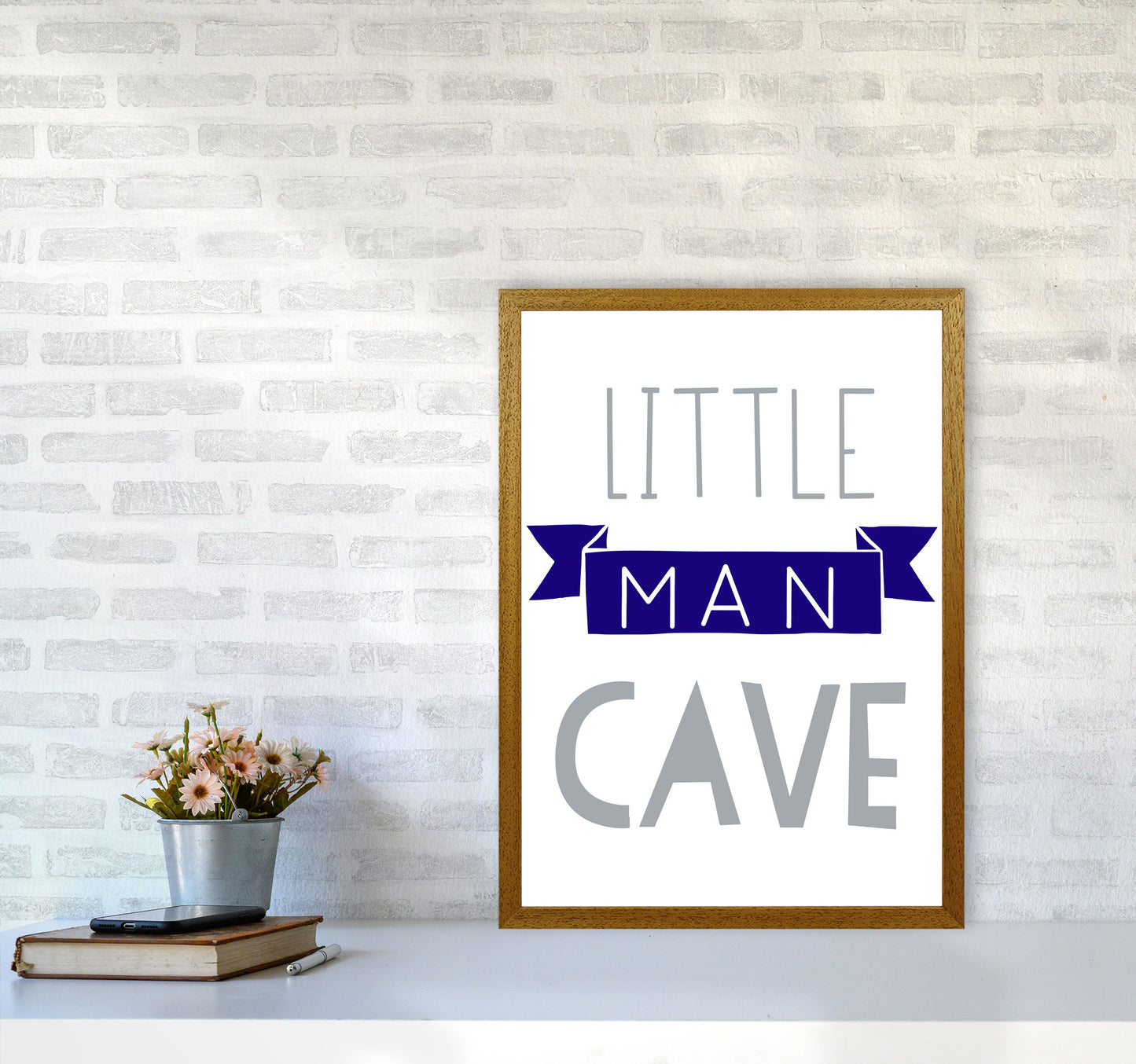 Little Man Cave Navy Banner Framed Nursey Wall Art Print A2 Print Only