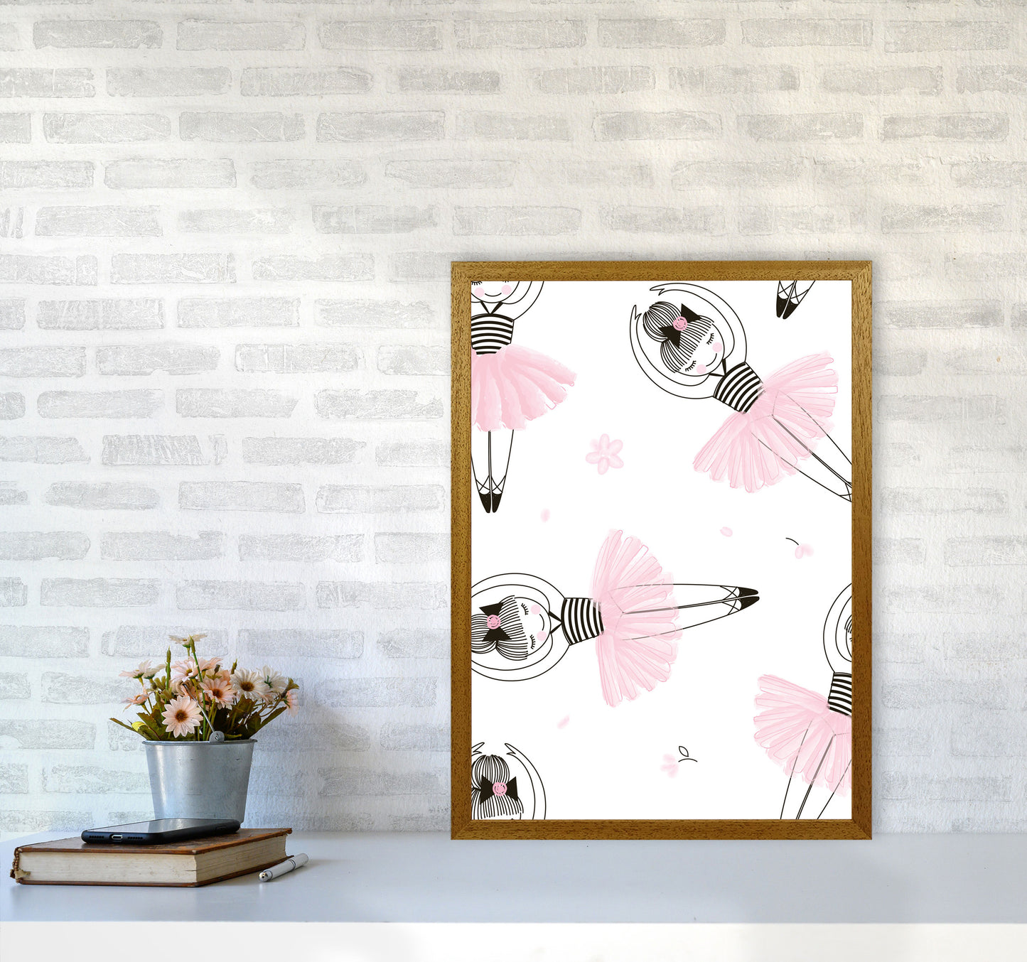 Ballerina Repeat Pattern Framed Nursey Wall Art Print A2 Print Only