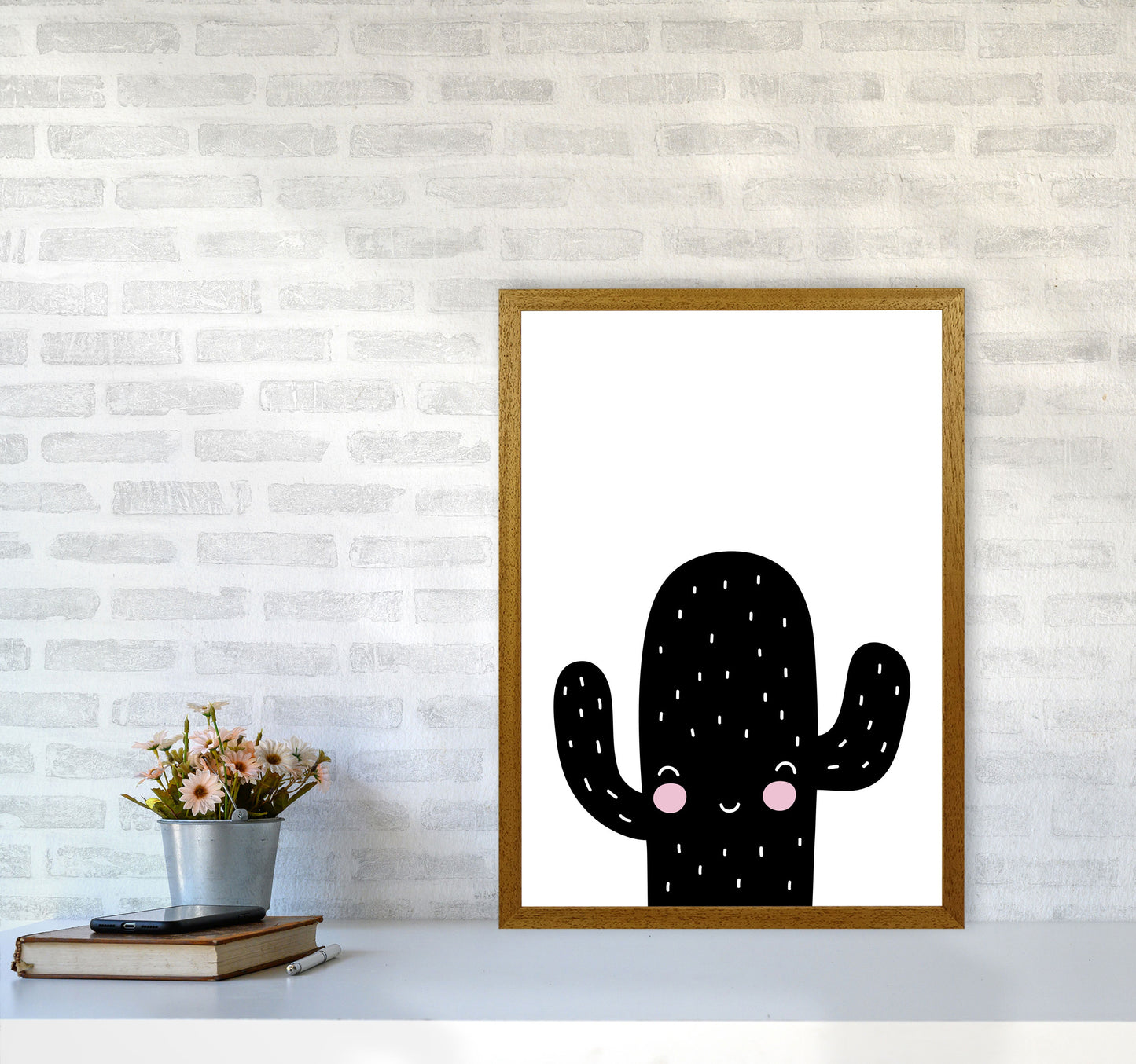 Black Scandi Cactus Modern Print, Framed Botanical & Nature Art Print A2 Print Only