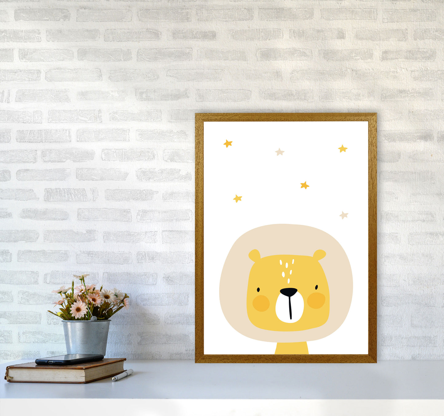 Scandi Lion And Stars Framed Nursey Wall Art Print A2 Print Only