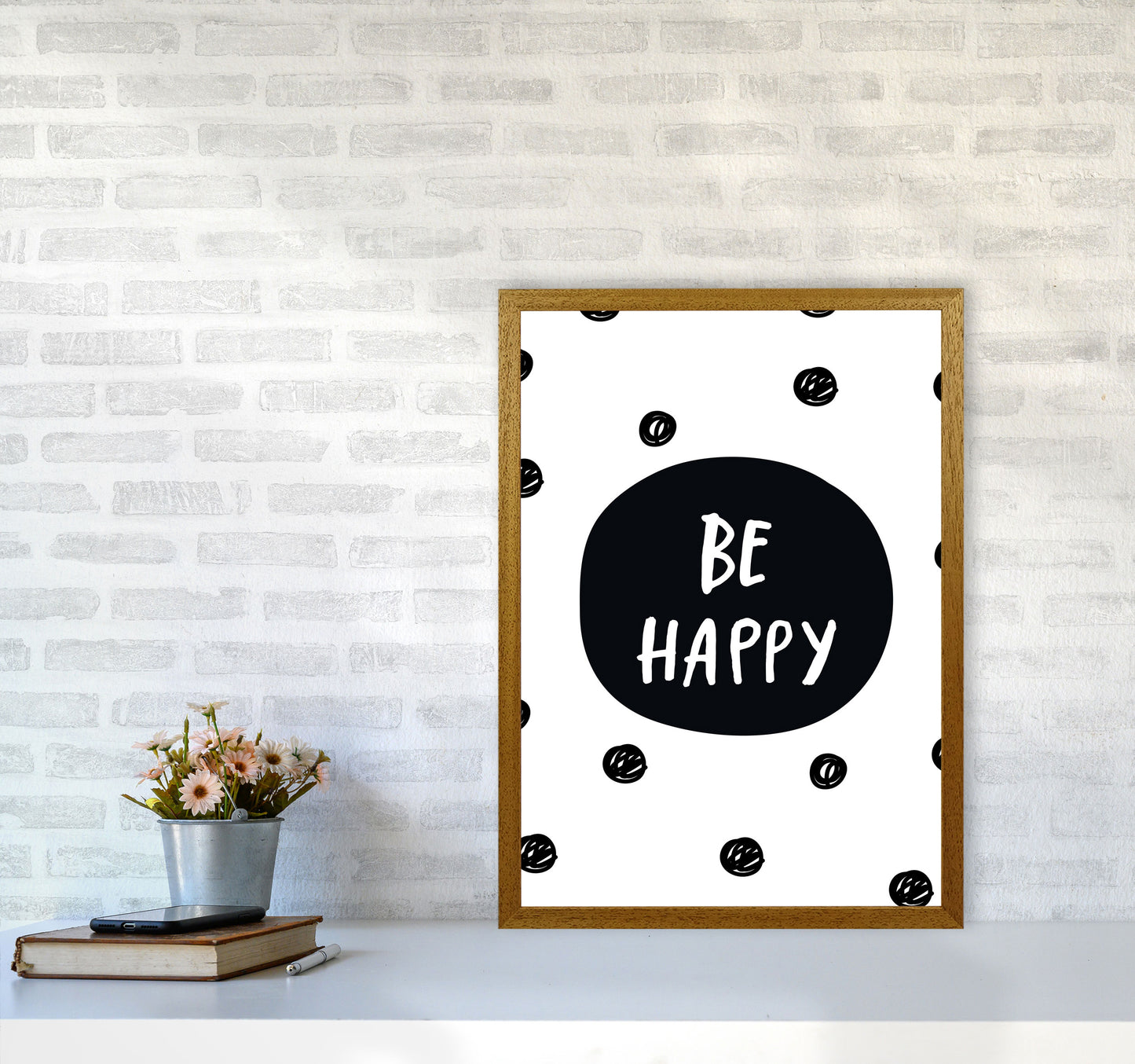 Be Happy Polka Dot Framed Typography Wall Art Print A2 Print Only