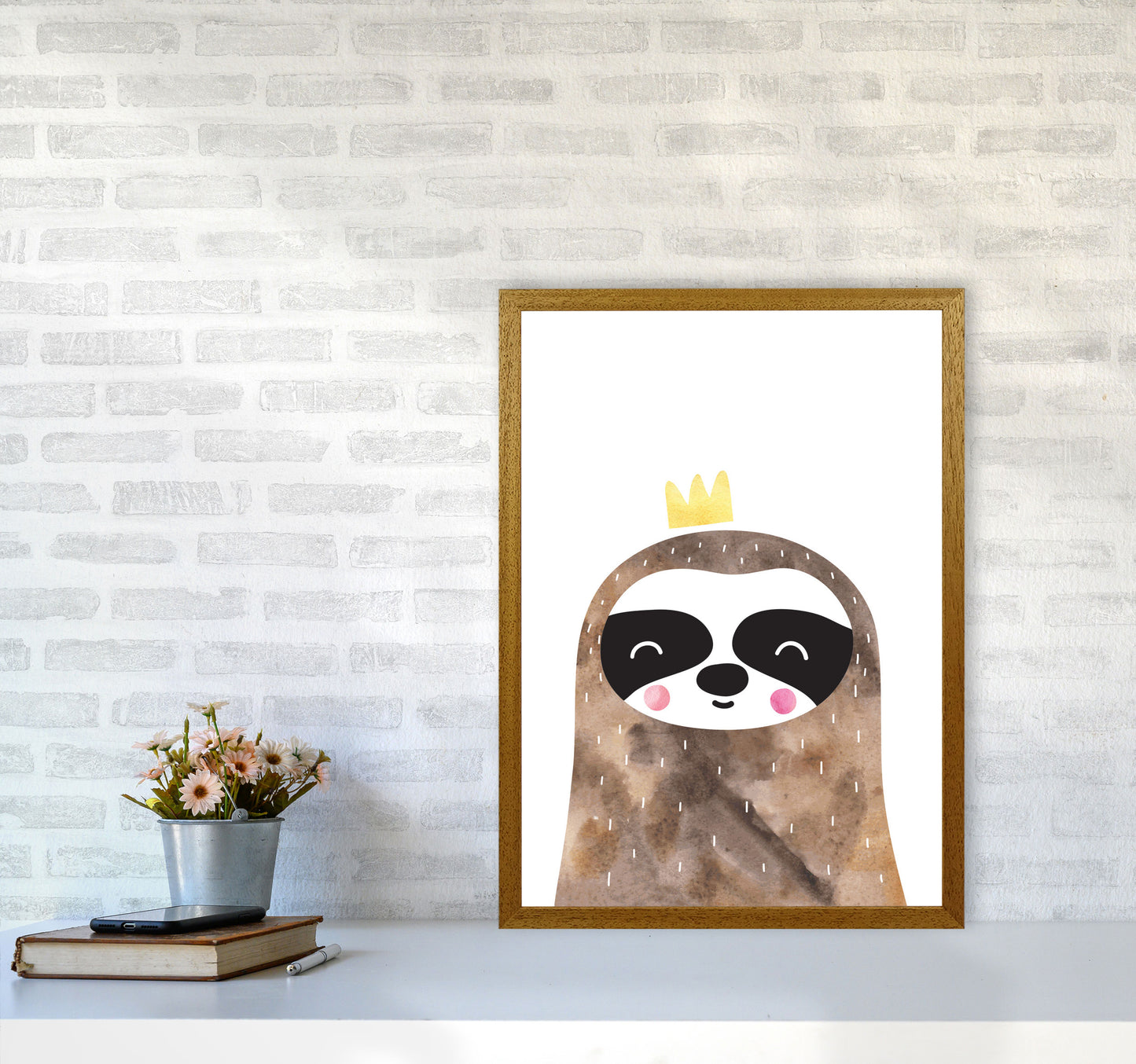 Scandi Brown Sloth Watercolour Framed Nursey Wall Art Print A2 Print Only