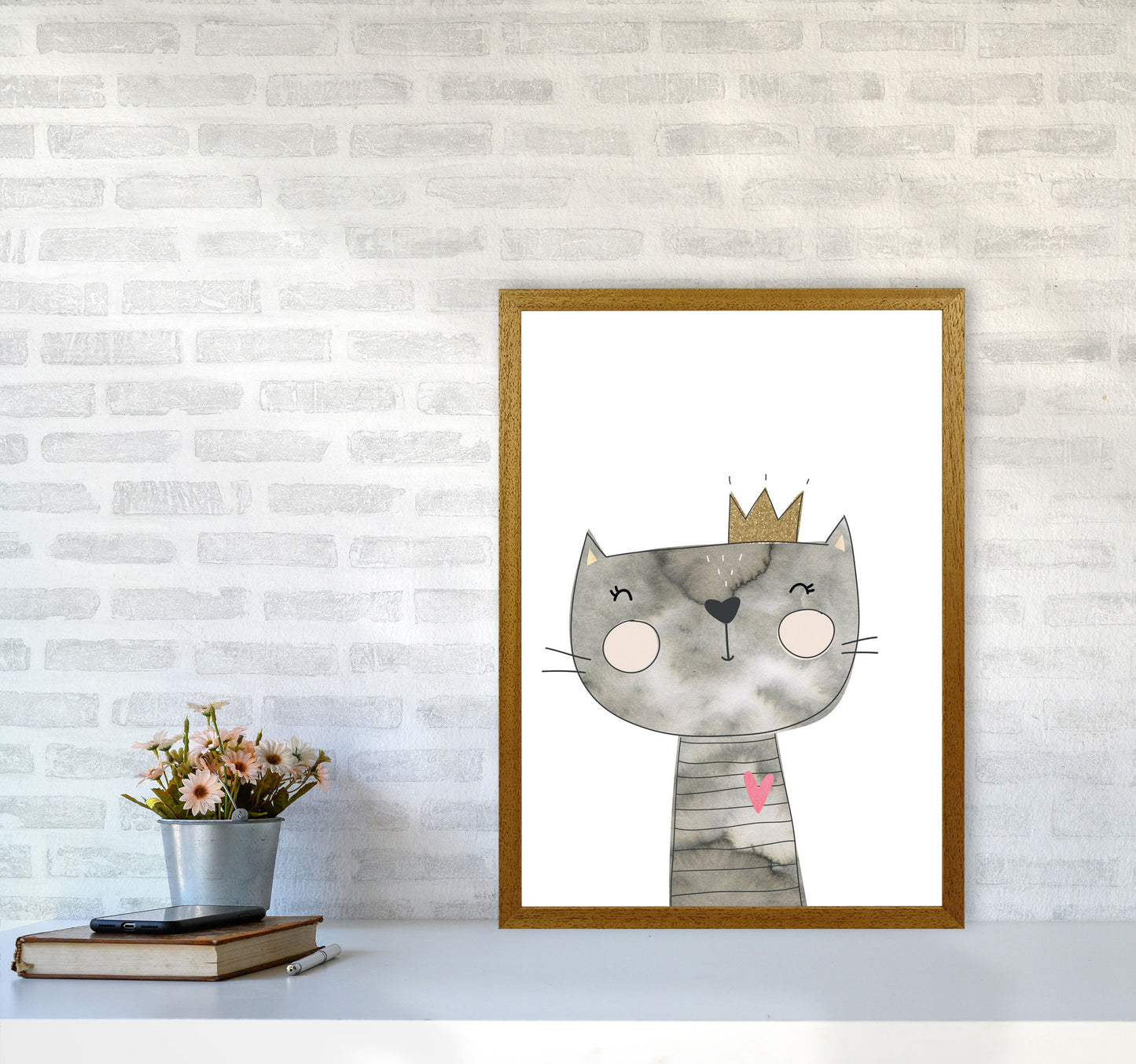 Scandi Grey Cat Watercolour Framed Nursey Wall Art Print A2 Print Only