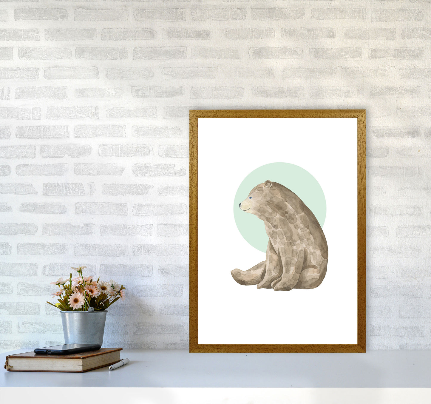 Watercolour Bear With Green Circle Modern Print Animal Art Print A2 Print Only