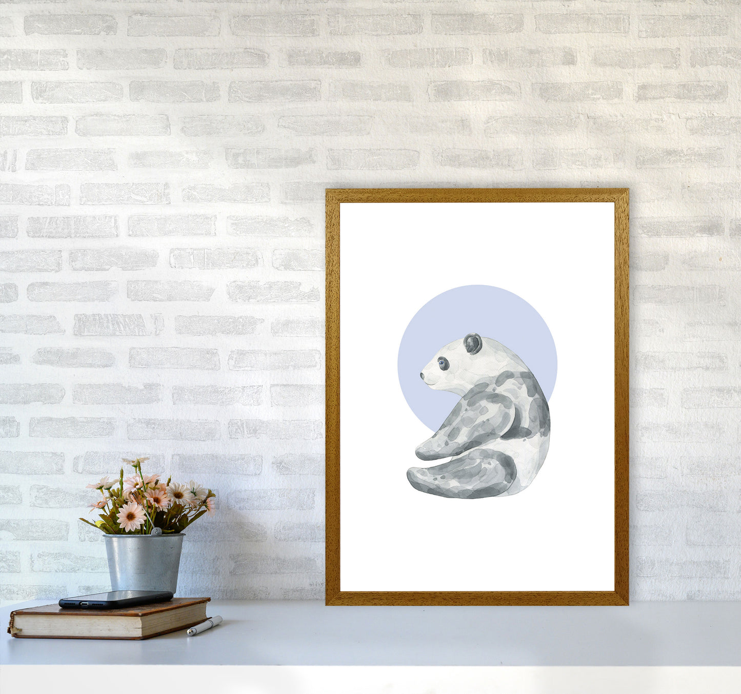 Watercolour Panda With Blue Circle Modern Print, Animal Art Print A2 Print Only