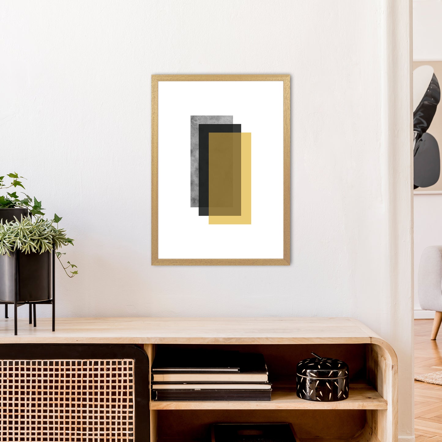 Geometric Mustard And Black Rectangles Art Print by Pixy Paper A2 Print Only