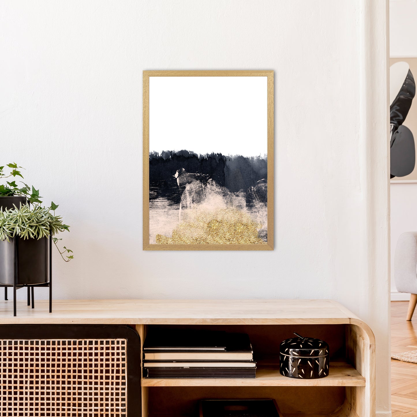 Lux Half Navy And Gold Paint Strokes Art Print by Pixy Paper A2 Print Only