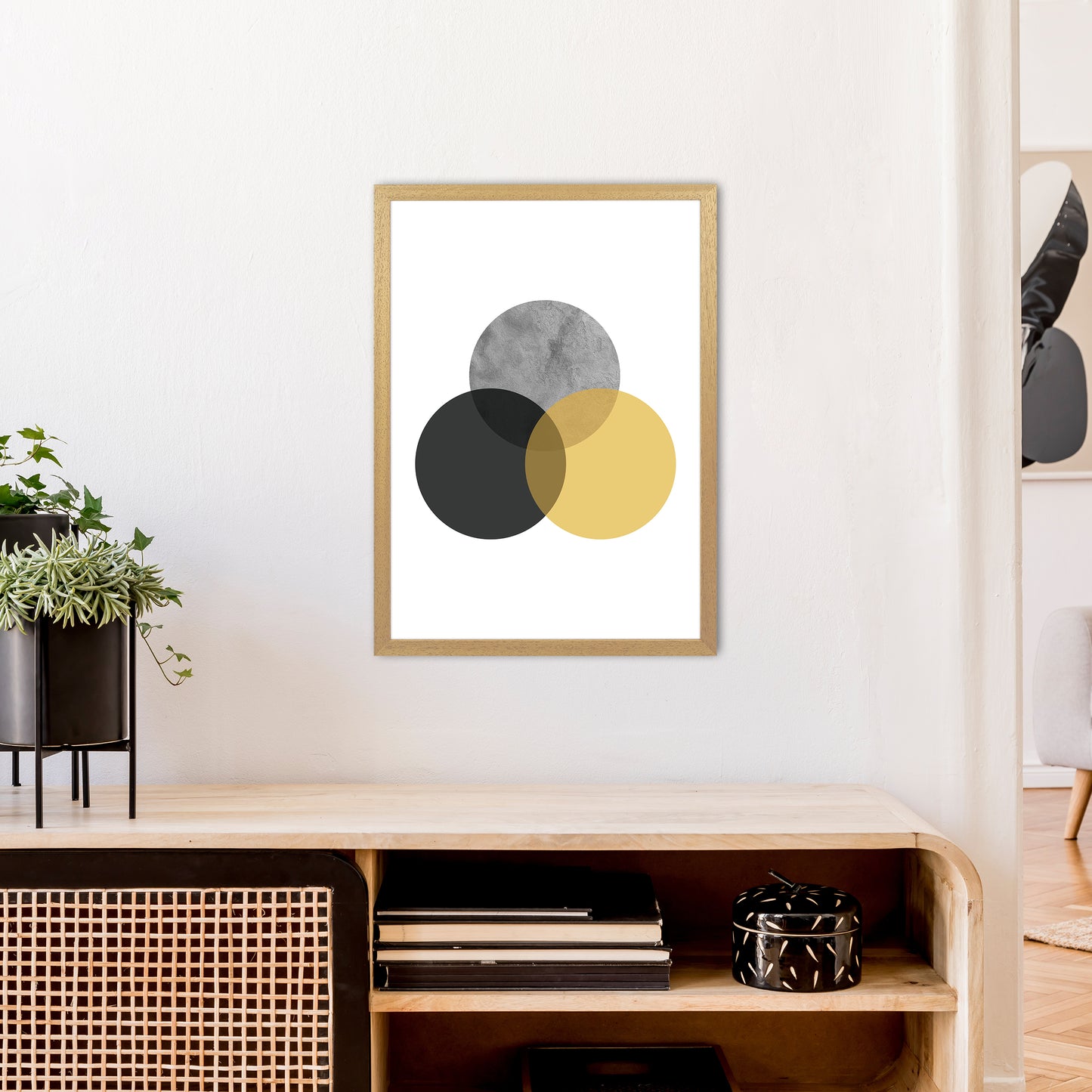 Geometric Mustard And Black Circles Art Print by Pixy Paper A2 Print Only