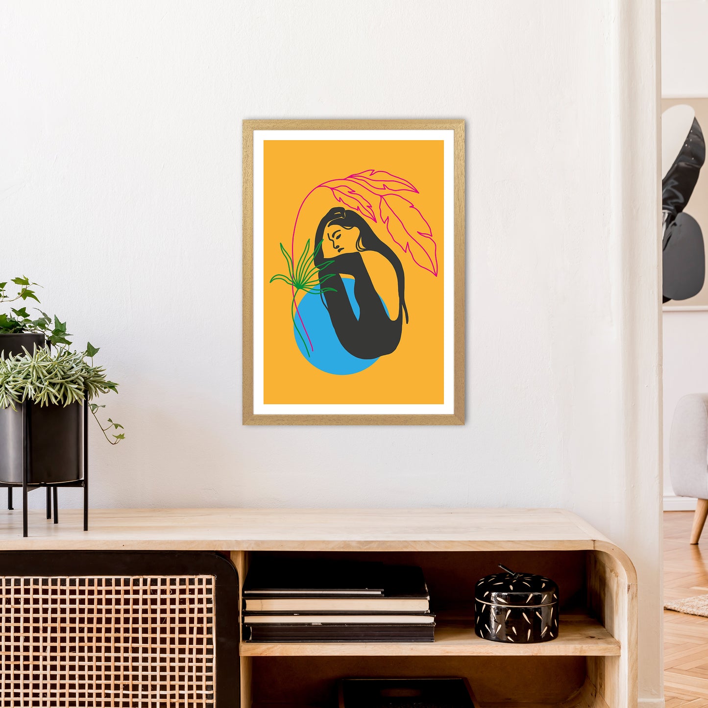 Girl Under Plant Yellow Neon Funk Art Print by Pixy Paper A2 Print Only