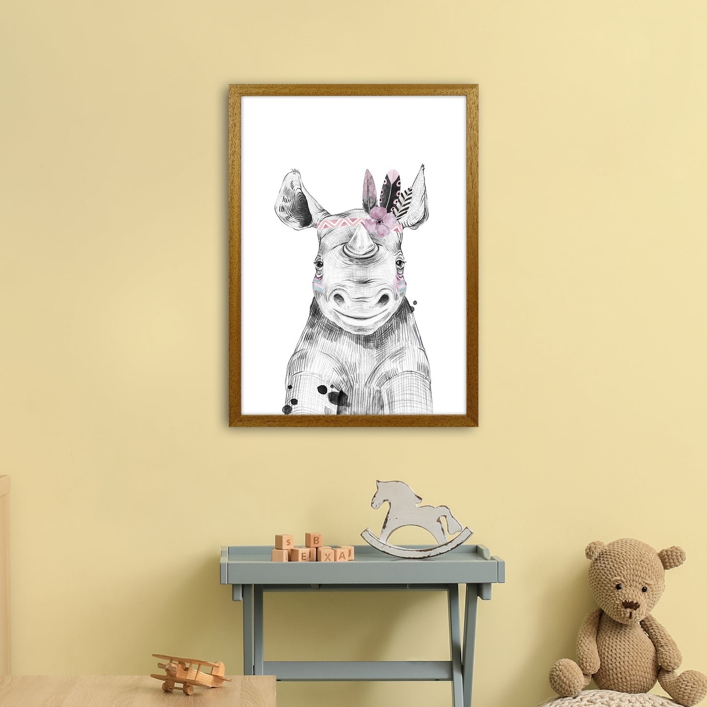 Safari Babies Rhino With Head Feathers Art Print by Pixy Paper A2 Print Only