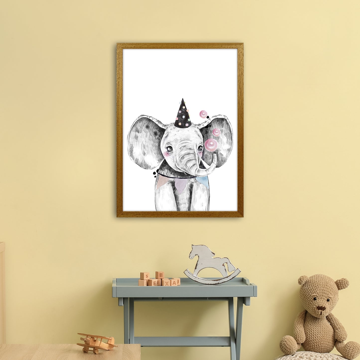 Safari Babies Elephant With Party Hat Art Print by Pixy Paper A2 Print Only