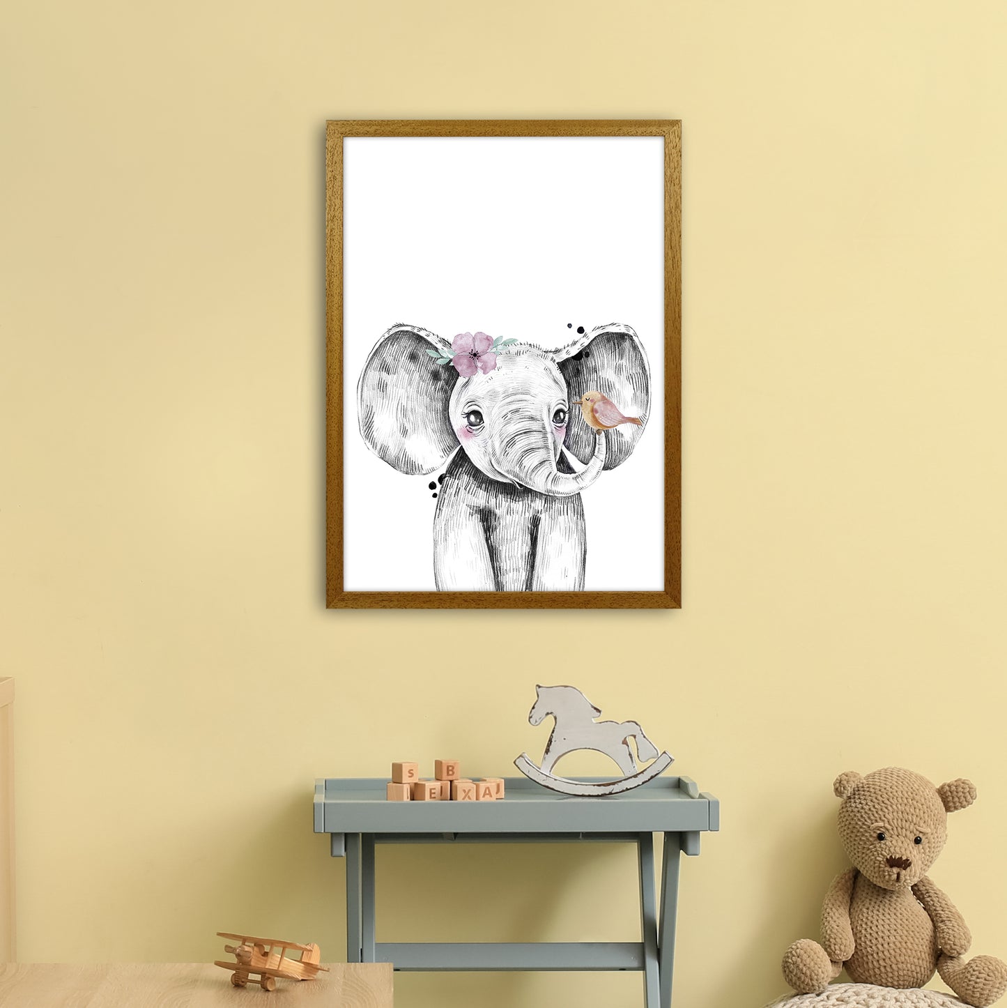 Safari Babies Elephant With Flower Art Print by Pixy Paper A2 Print Only