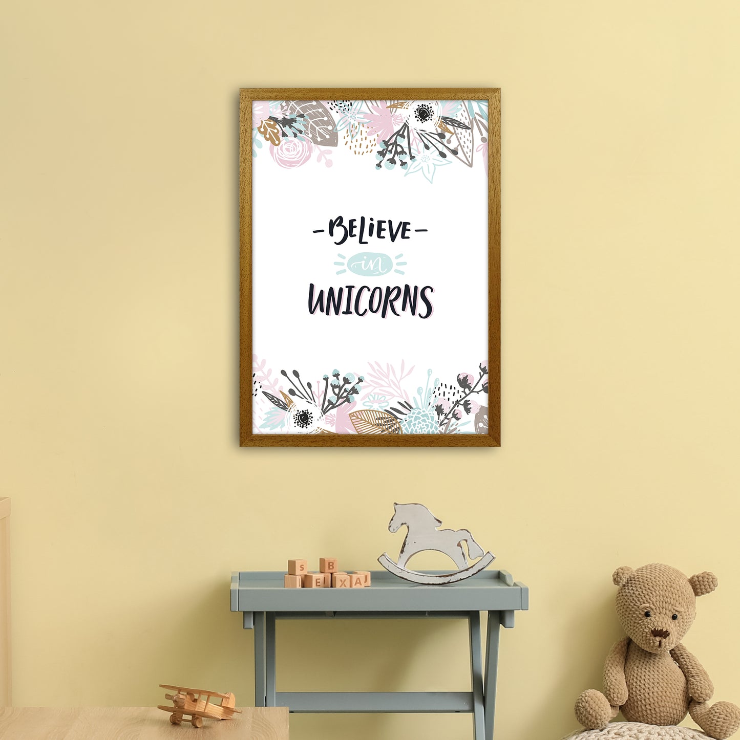 Believe In Unicorns Floral Art Print by Pixy Paper A2 Print Only